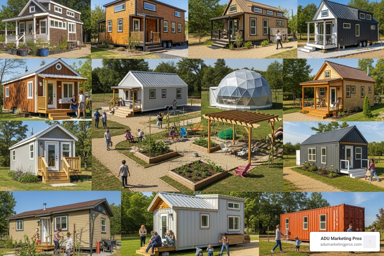 collage of different models of tiny homes used for homeless solutions - tiny homes for homeless