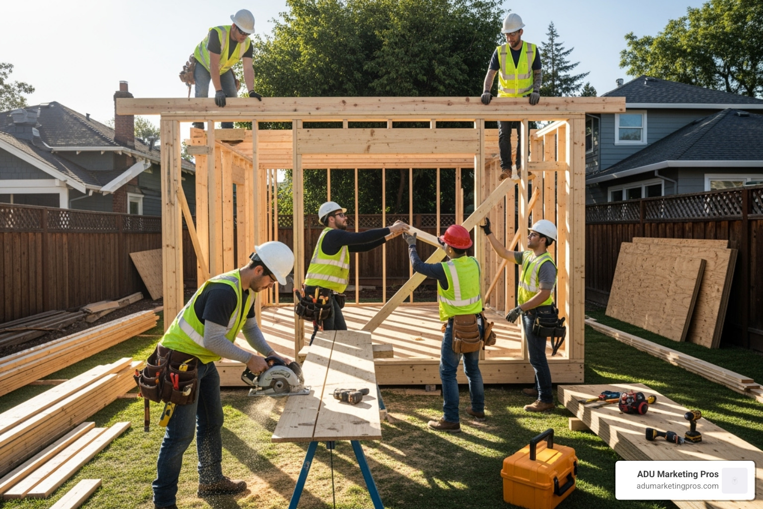 A specialized ADU construction team efficiently framing a backyard cottage, highlighting their expertise in niche projects - ADU construction contractors