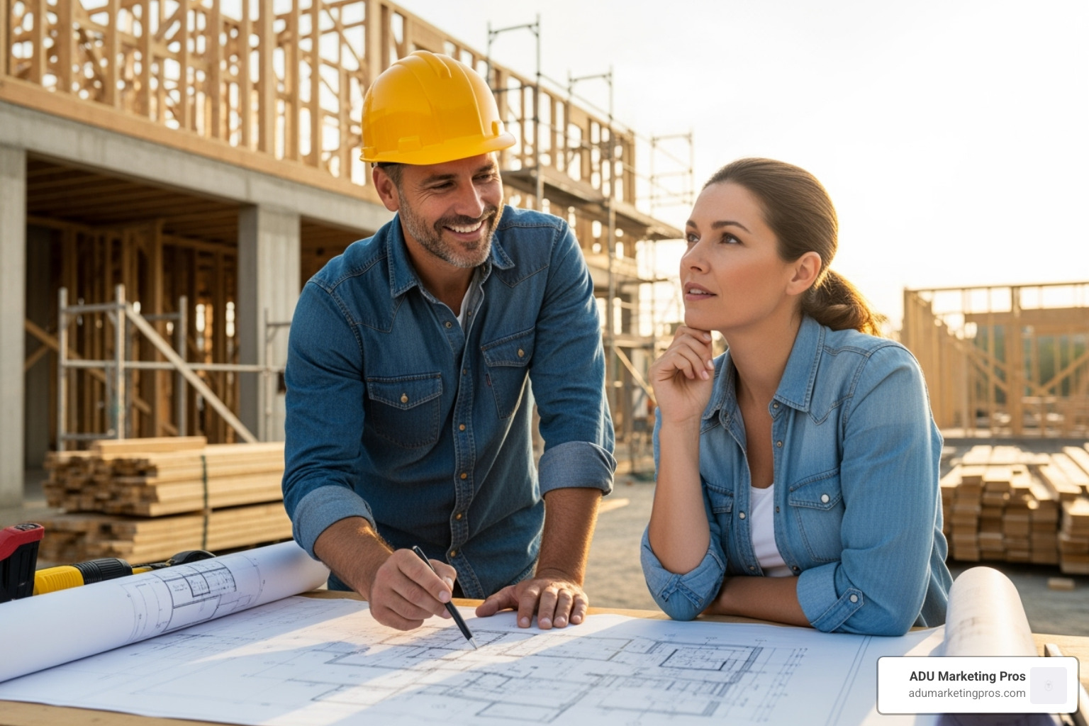 A friendly contractor and a homeowner reviewing architectural blueprints on a construction site, discussing the project's progress and next steps - ADU construction contractors