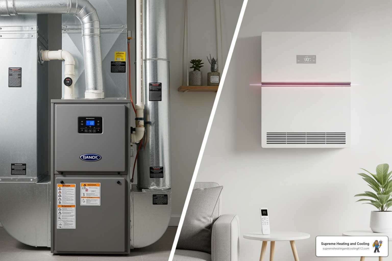 A split image showing a high-efficiency furnace on the left and a ductless mini-split heat pump unit on the right - home heating upgrade