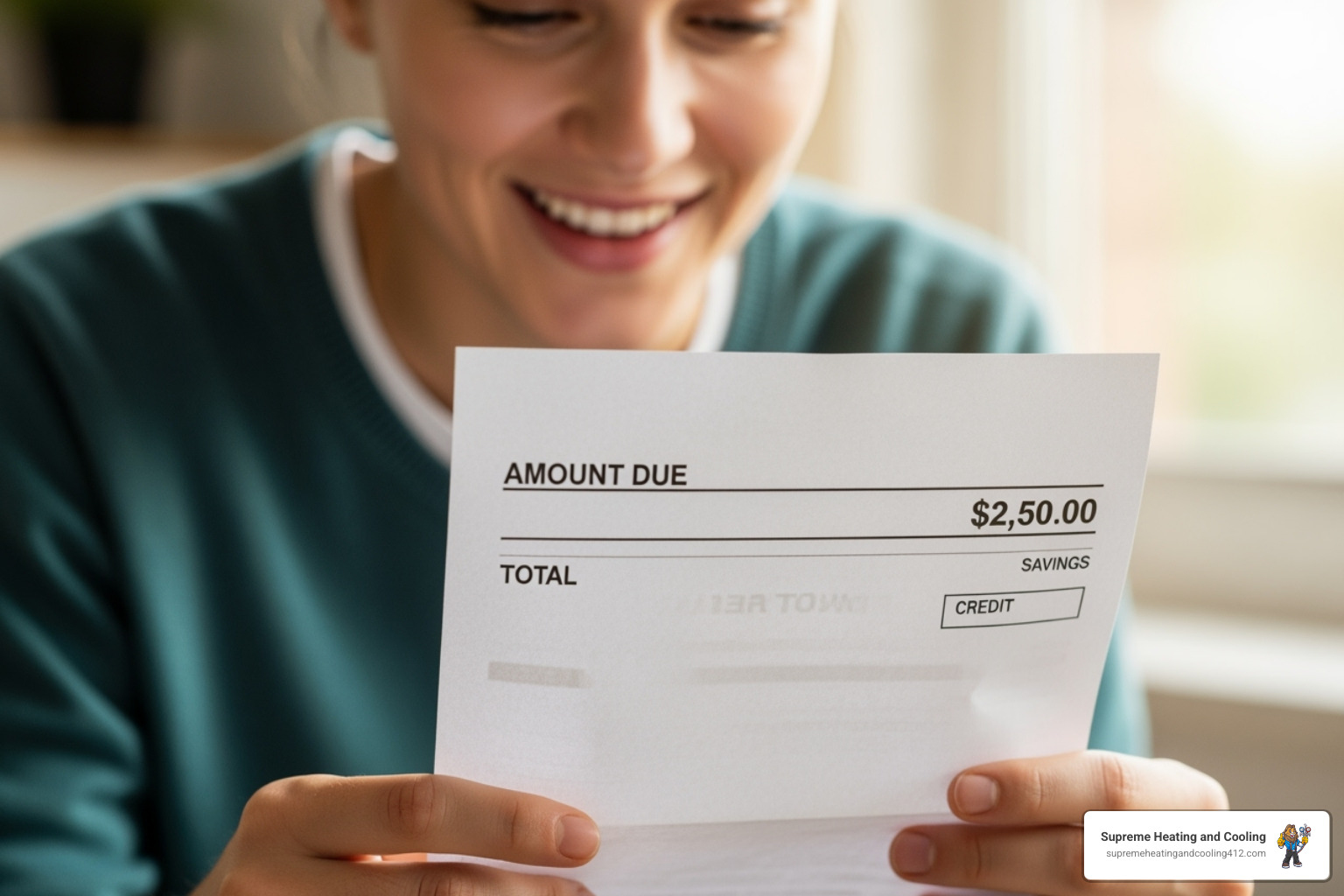 A person happily reviewing their energy bill, indicating savings - home heating upgrade