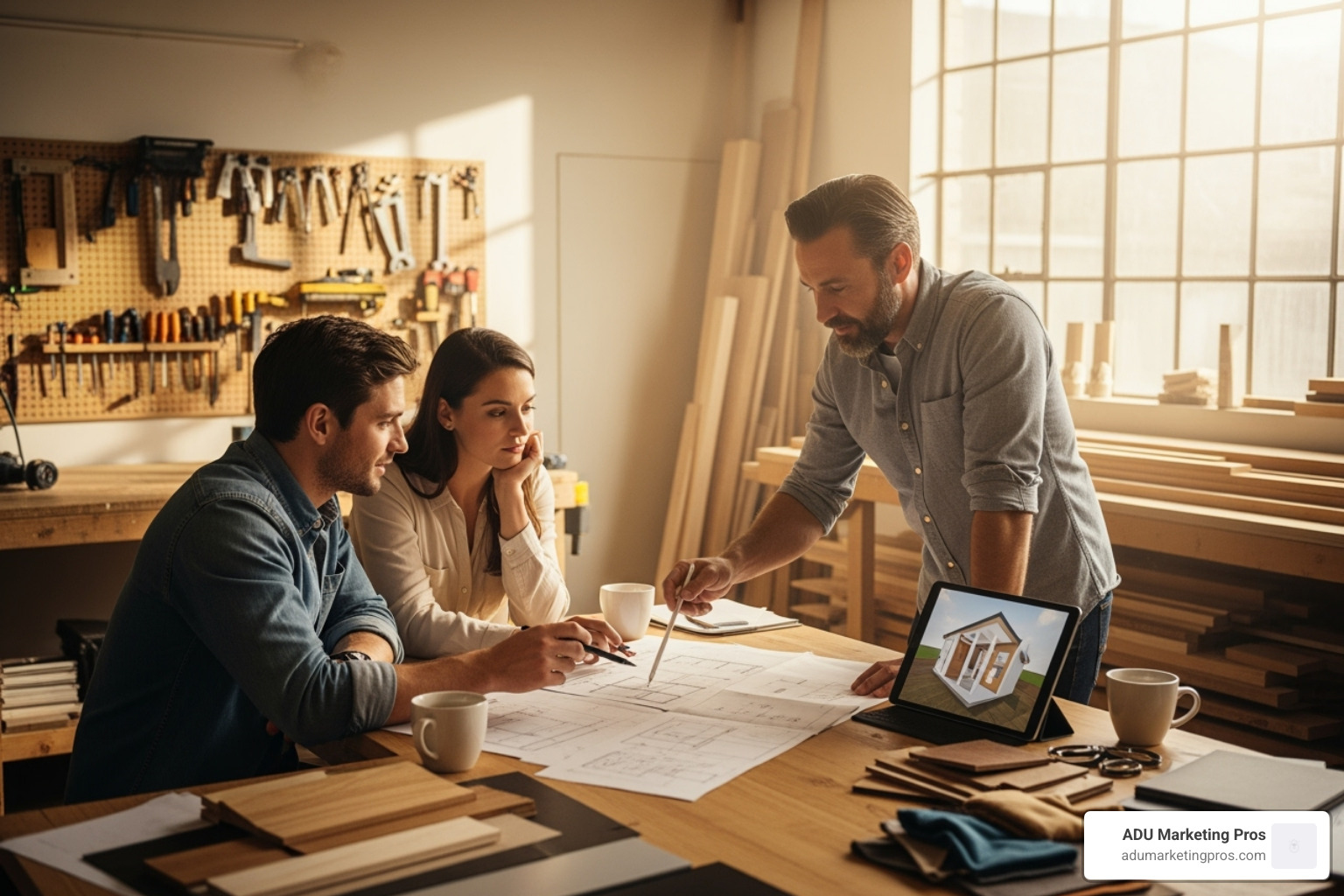 A couple reviewing blueprints for a custom tiny home with a designer in a bright, sunlit workshop, discussing materials and design elements. - tiny home builders northern california
