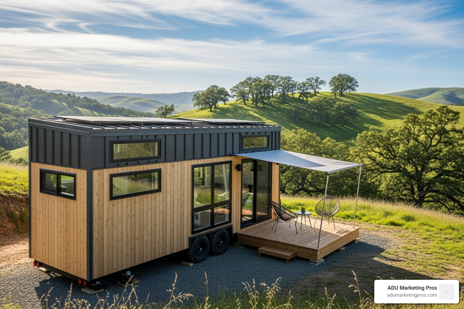 A modern California Tiny House model with a distinctive, clean exterior, parked in a sunny, rolling hills landscape, showcasing its blend of contemporary design and natural surroundings. - tiny home builders northern california
