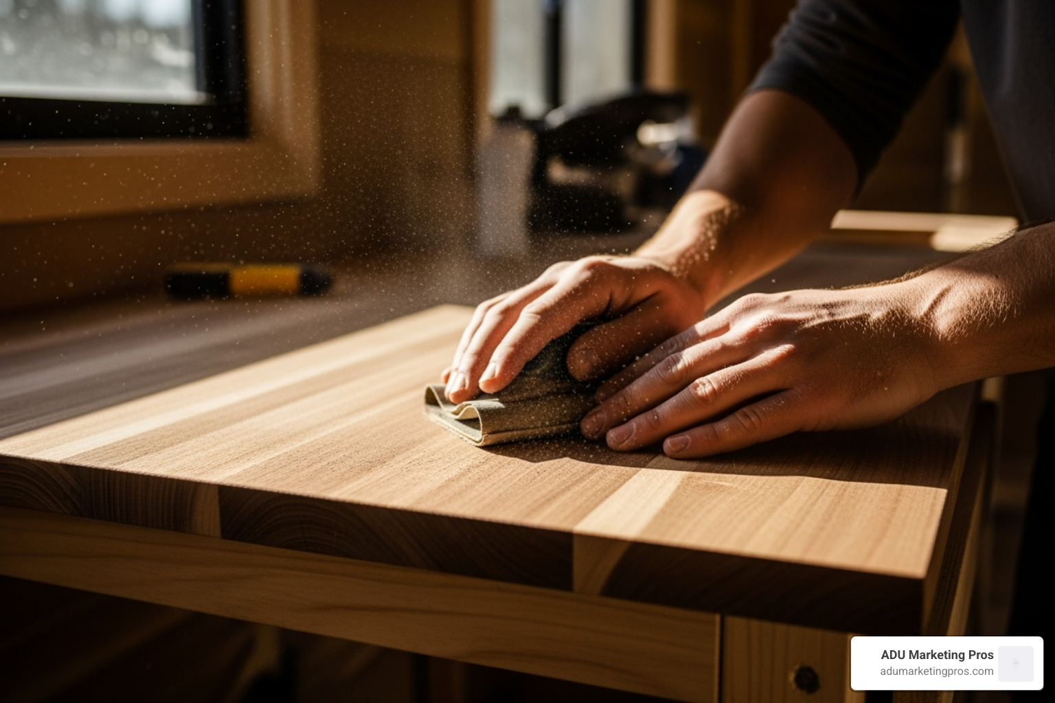 A skilled craftsman carefully sanding a piece of wood inside a tiny home under construction, highlighting the attention to detail and quality craftsmanship. - tiny home builders northern california