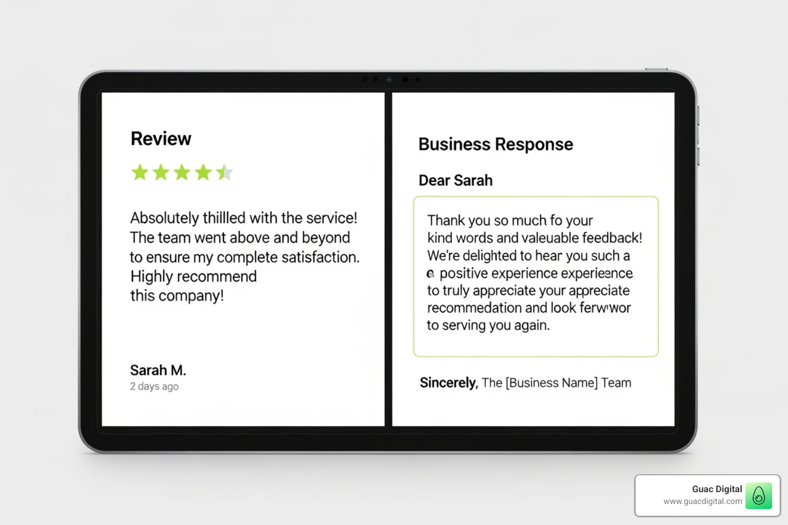 Split screen showing a positive review on one side and a thoughtful response on the other - respond to reviews