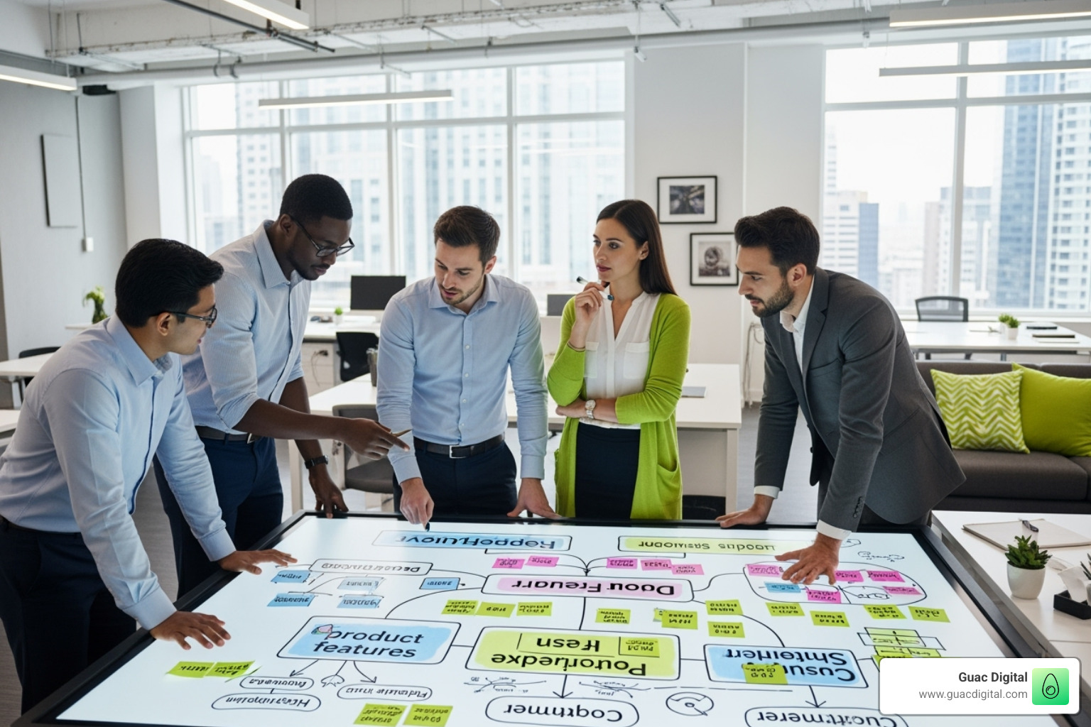 Team meeting, analyzing customer feedback on a whiteboard - respond to reviews
