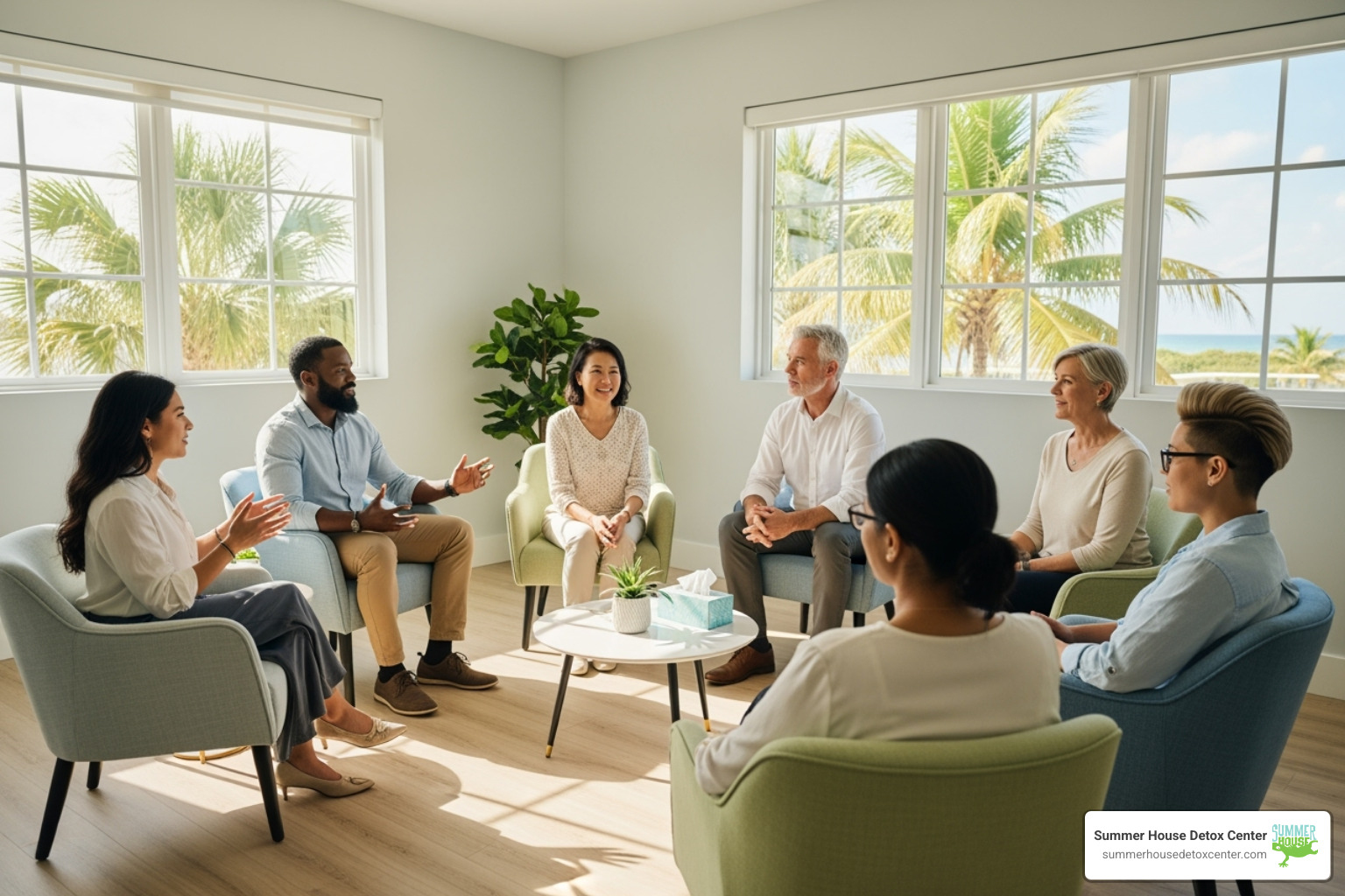 A tranquil image of individuals engaged in a supportive group therapy session in a bright, modern Miami setting - outpatient drug rehab miami fl
