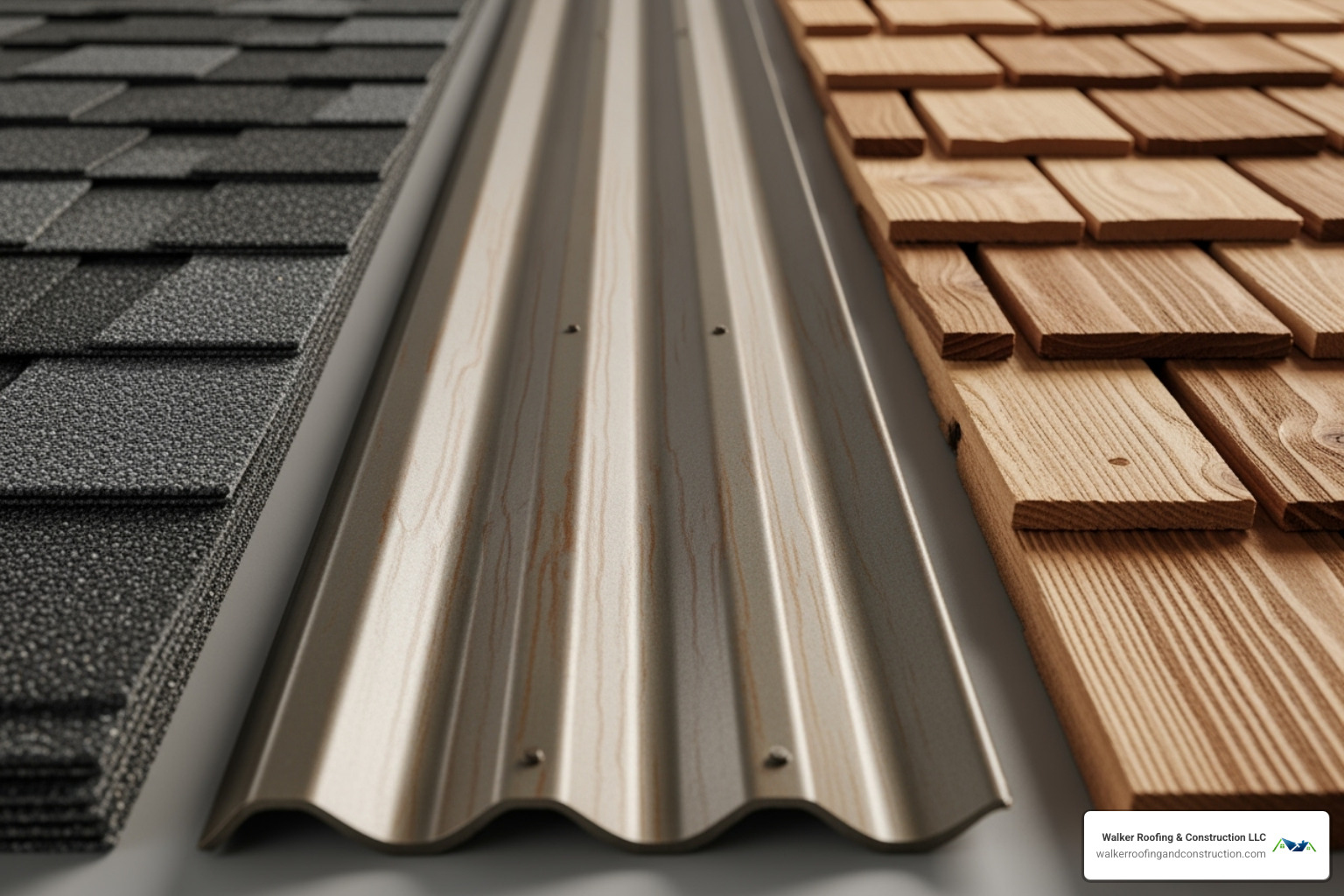 Various roofing material samples including asphalt shingles, metal panels, and wood shakes - new roof cost Various roofing material samples including asphalt shingles, metal panels, and wood shakes - new roof cost