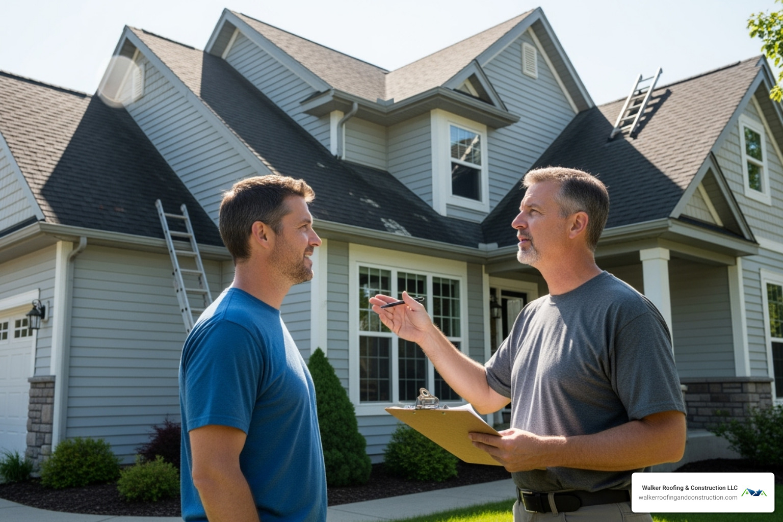 Homeowner discusses roof replacement options with a professional roofing contractor - new roof cost Homeowner discusses roof replacement options with a professional roofing contractor - new roof cost