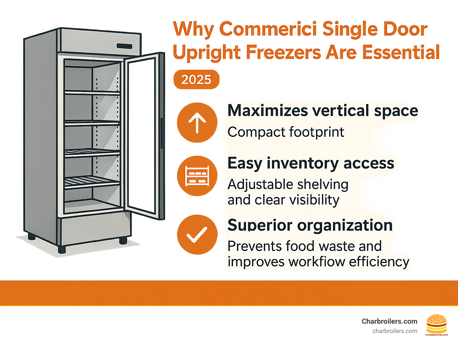Infographic showing the top 3 benefits of commercial single door upright freezers: 1) Maximizes vertical space with compact footprint, 2) Easy inventory access with adjustable shelving and clear visibility, 3) Superior organization preventing food waste and improving workflow efficiency - commercial single door upright freezer infographic 