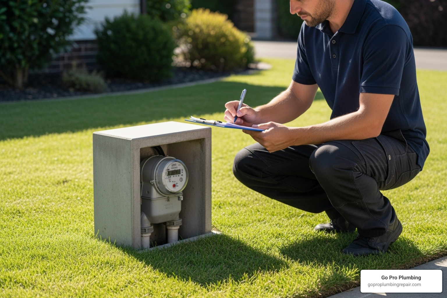 Person using a clipboard to perform a home water audit, checking the water meter - water conservation plan