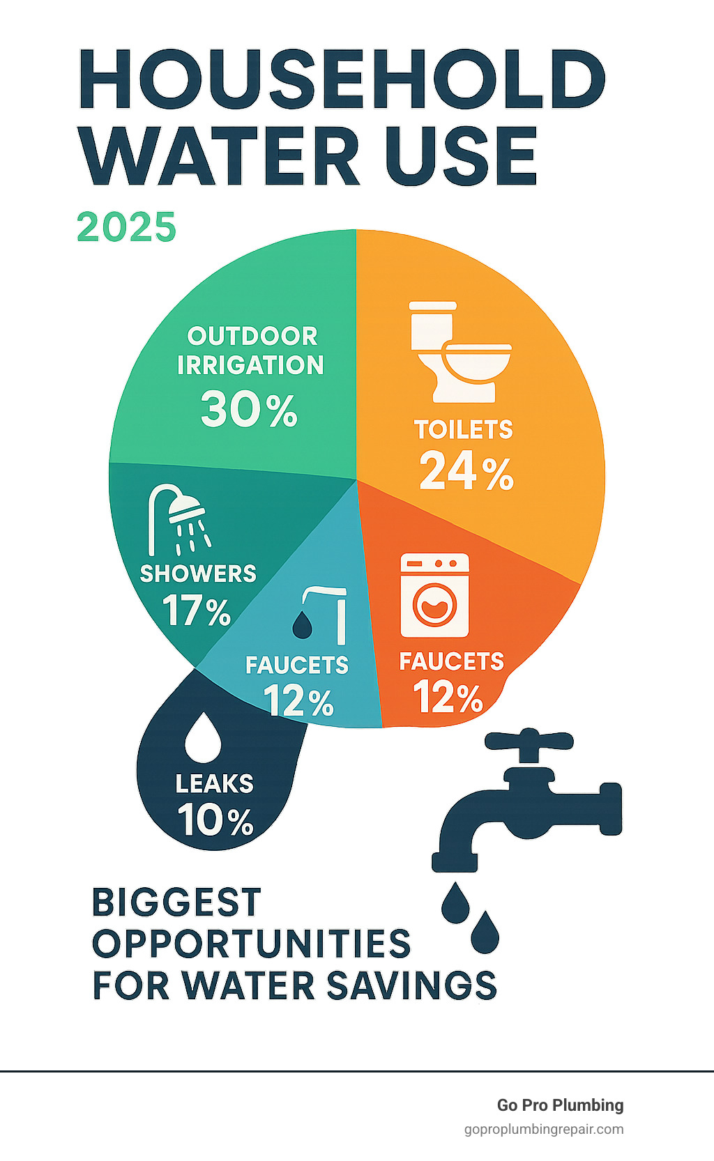 Infographic showing breakdown of average household water use with outdoor irrigation at 30%, toilets at 24%, washing machines at 16%, showers at 17%, faucets at 12%, and leaks at 10%, highlighting that outdoor watering and indoor leaks represent the biggest opportunities for water savings - water conservation plan infographic 