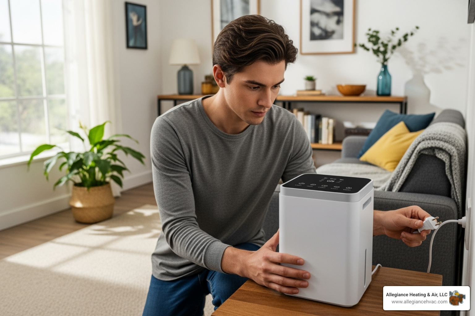 person setting up a portable air purifier - Air purifier installation