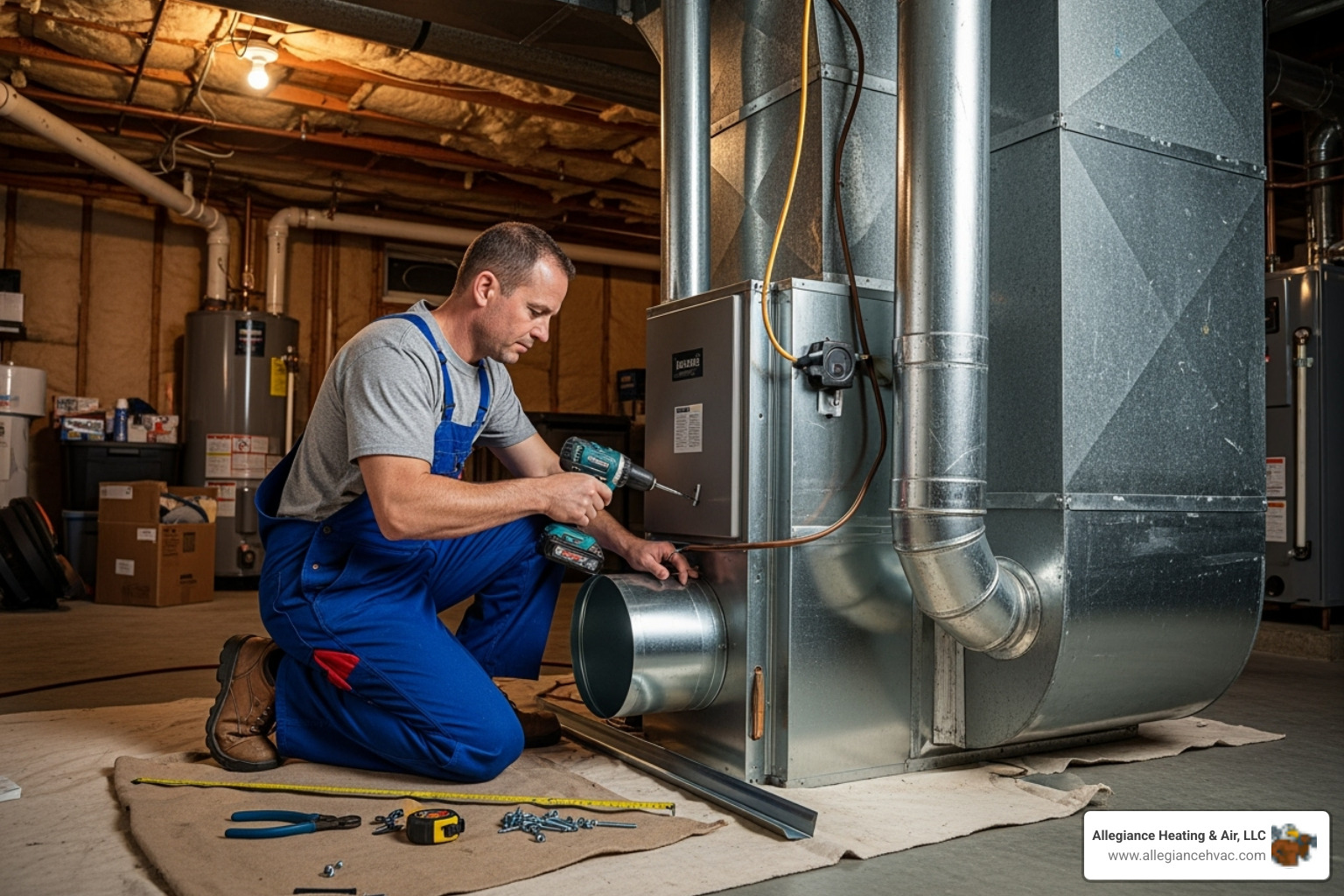 HVAC technician installing a whole-house air purifier - Air purifier installation