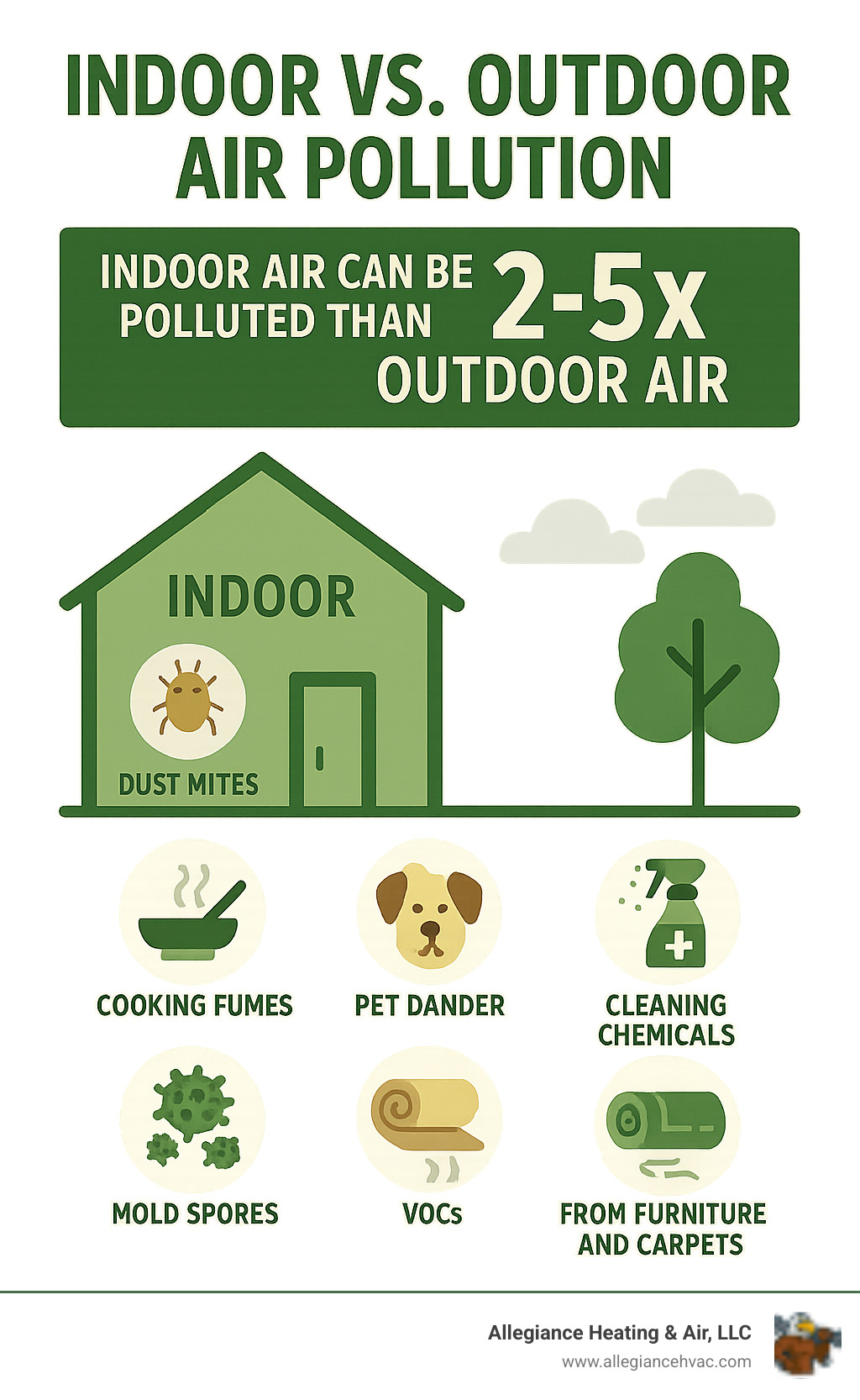 Infographic showing indoor vs outdoor air pollution levels, featuring common indoor pollutants including dust mites, pet dander, cooking fumes, cleaning chemicals, mold spores, and VOCs from furniture and carpets, with statistics showing indoor air can be 2-5x more polluted than outdoor air - Air purifier installation infographic 