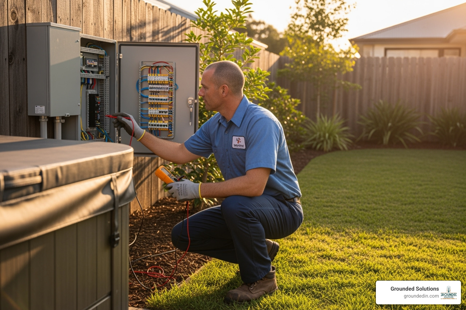 professional electrician from Grounded Solutions inspecting a hot tub's spa panel - electrical permit for hot tub