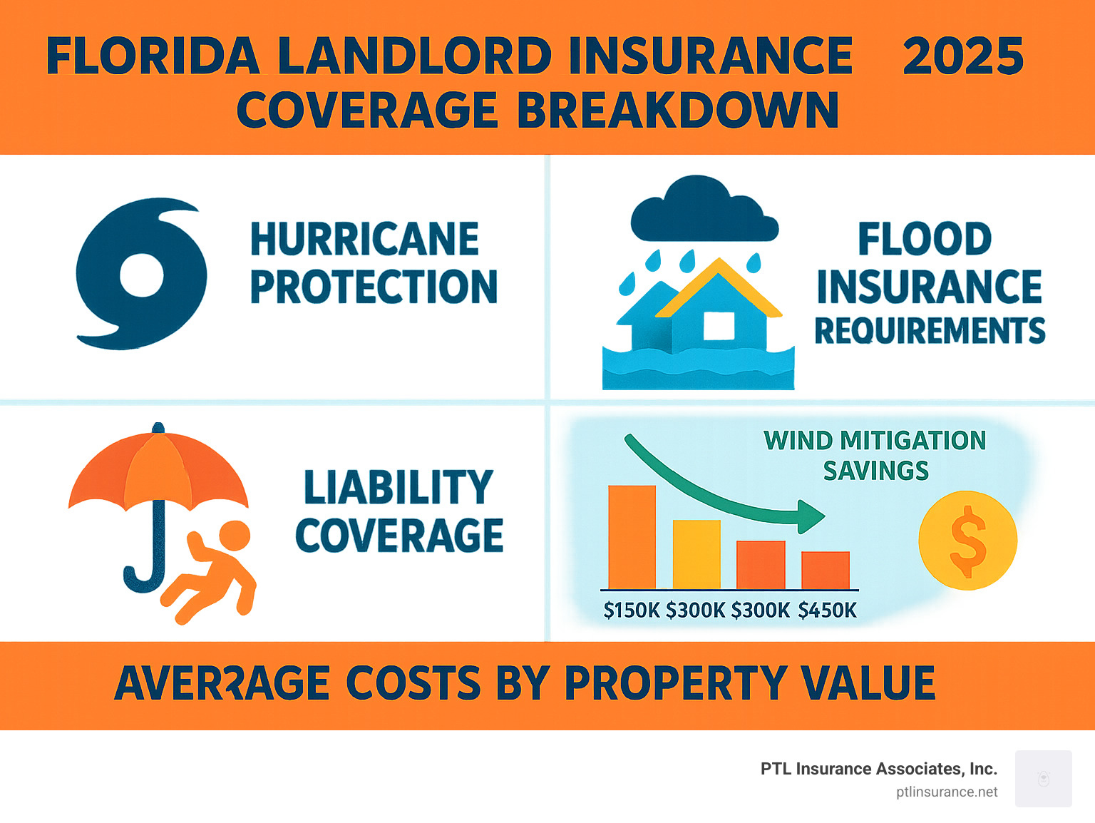 Florida landlord insurance coverage breakdown infographic showing hurricane protection, flood insurance requirements, liability coverage, and average costs by property value with wind mitigation savings illustrated through bar charts and weather icons.