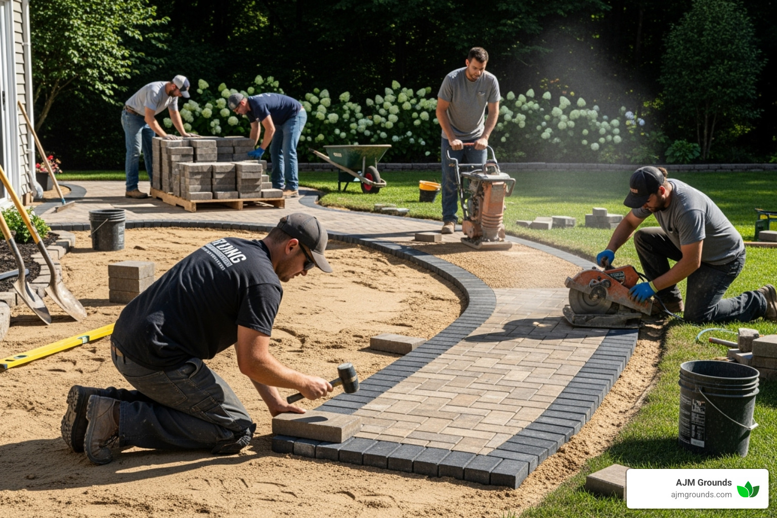 professional crew completing a paver walkway installation - landscaping pavers near me professional crew completing a paver walkway installation - landscaping pavers near me