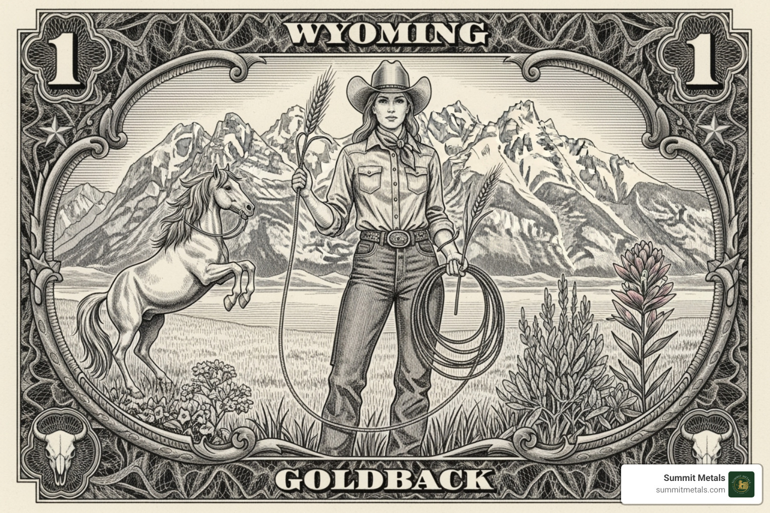 Detailed artwork of a Wyoming Goldback, depicting a ranch girl allegorical figure - buying gold backs