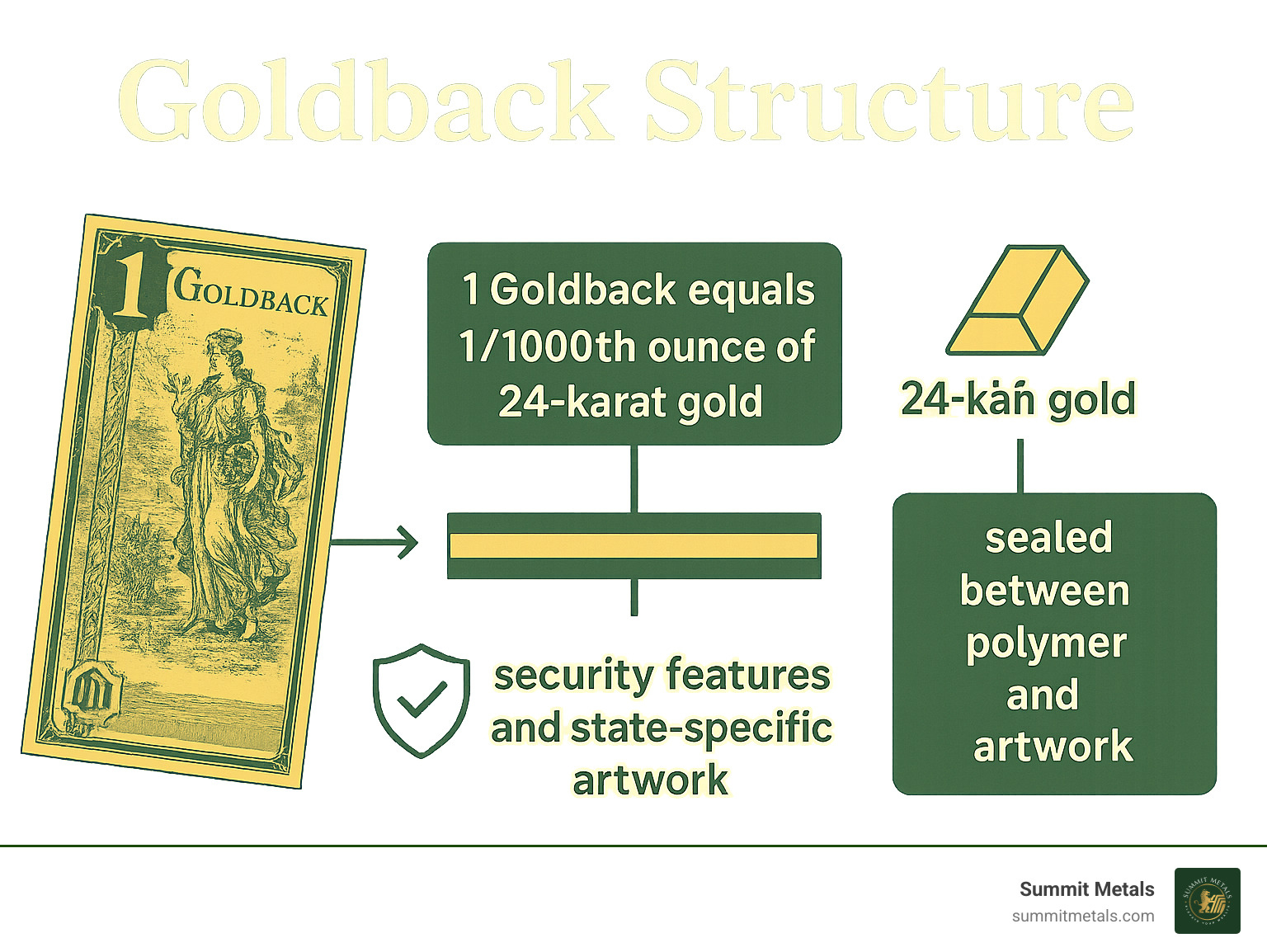 Infographic showing Goldback structure: 1 Goldback equals 1/1000th ounce of 24-karat gold sealed between polymer layers, with security features and state-specific artwork - buying gold backs infographic 