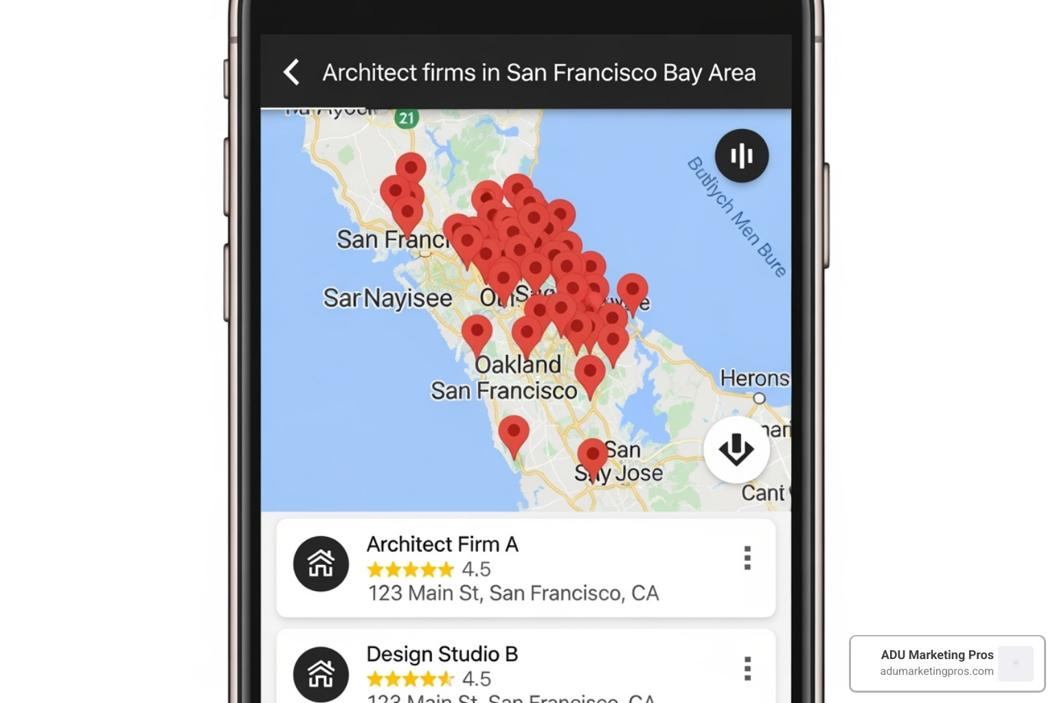 Image of a Google Maps search result for "architects in San Francisco Bay Area" showing the local pack - architecture design keywords