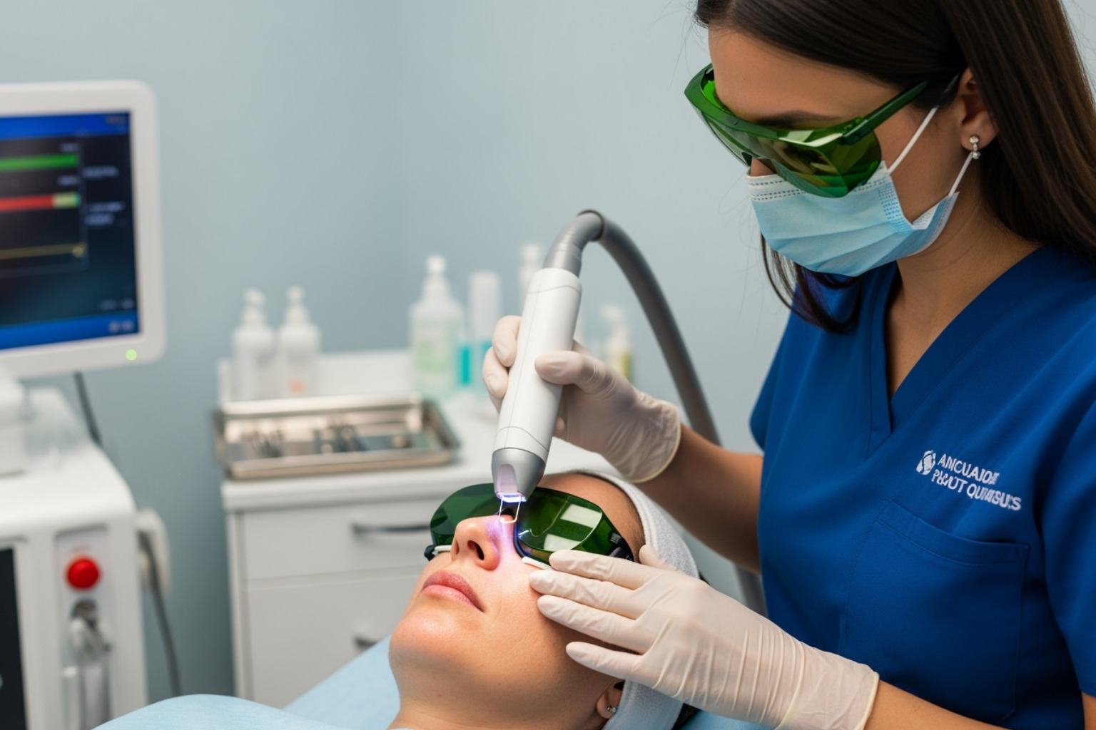 Dermatologist performing a pore shrinking treatment with a laser device. - dermatologist pore shrinking