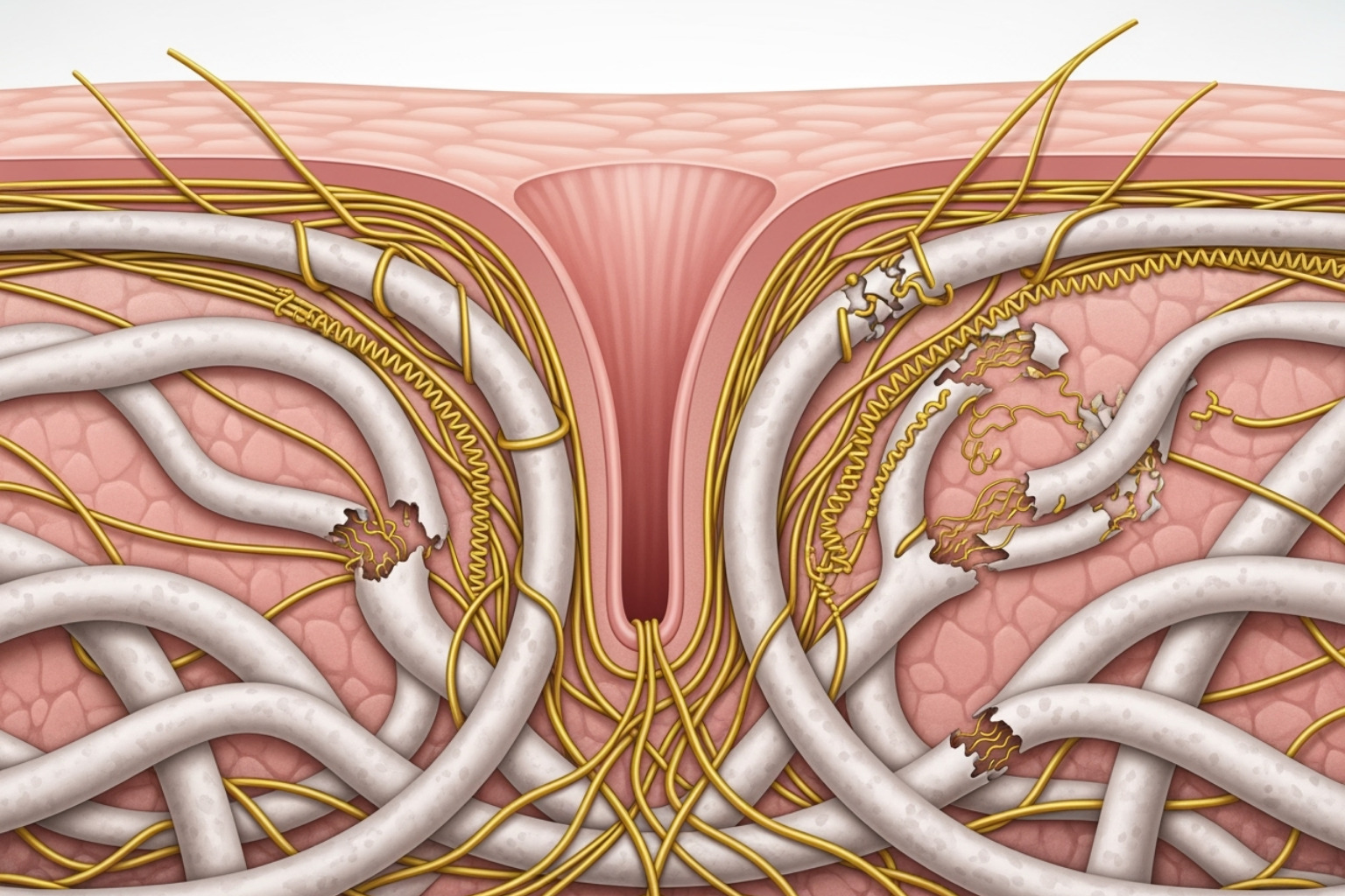 Illustration of collagen and elastin loss around a skin pore. - dermatologist pore shrinking