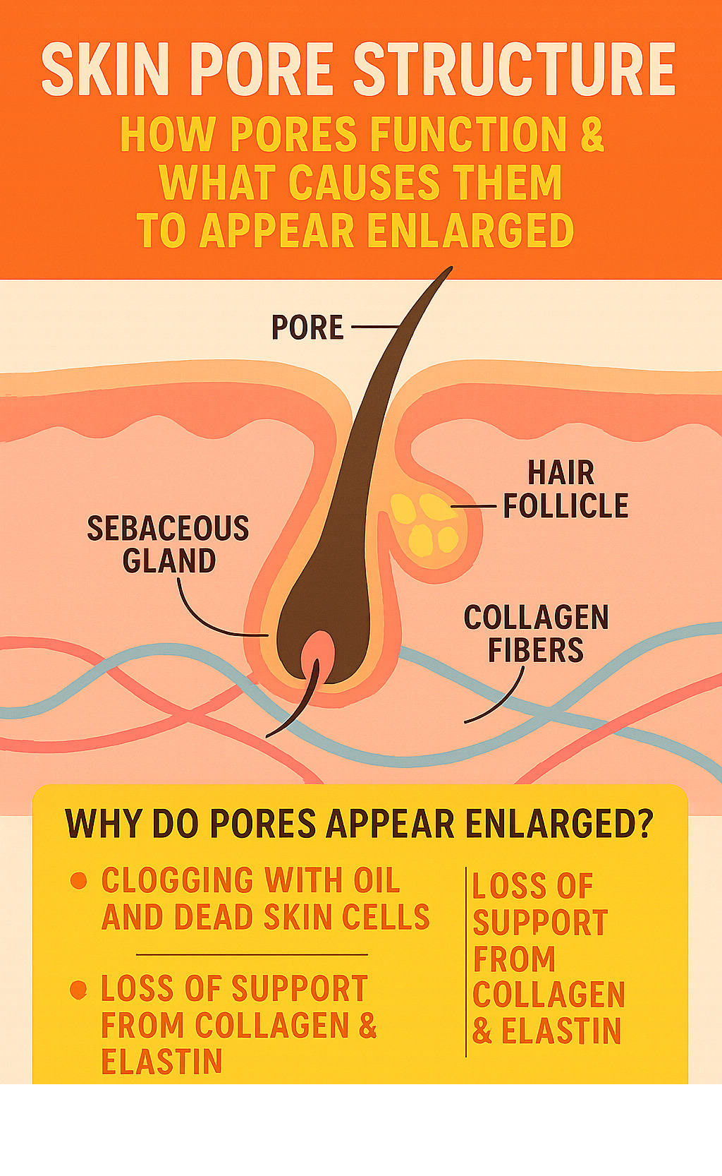 Detailed infographic showing cross-section of skin pore structure, including sebaceous gland, hair follicle, and surrounding collagen and elastin fibers, with labels explaining how pores function and what causes them to appear enlarged - dermatologist pore shrinking infographic 