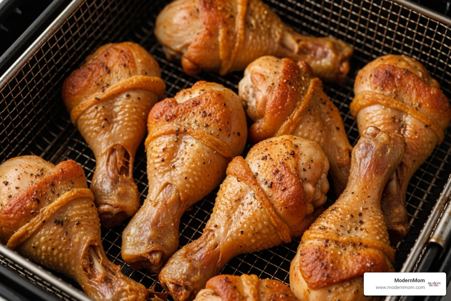 golden-brown chicken drumsticks in an air fryer basket - family meal ideas air fryer