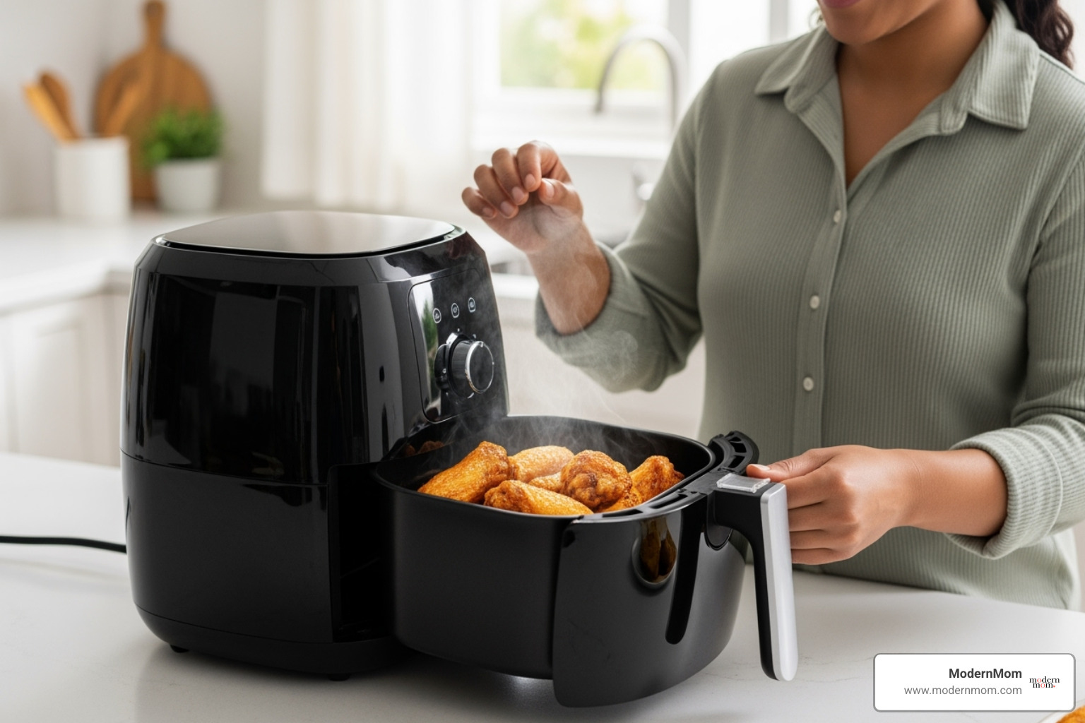 a person opening an air fryer basket to check on food - family meal ideas air fryer