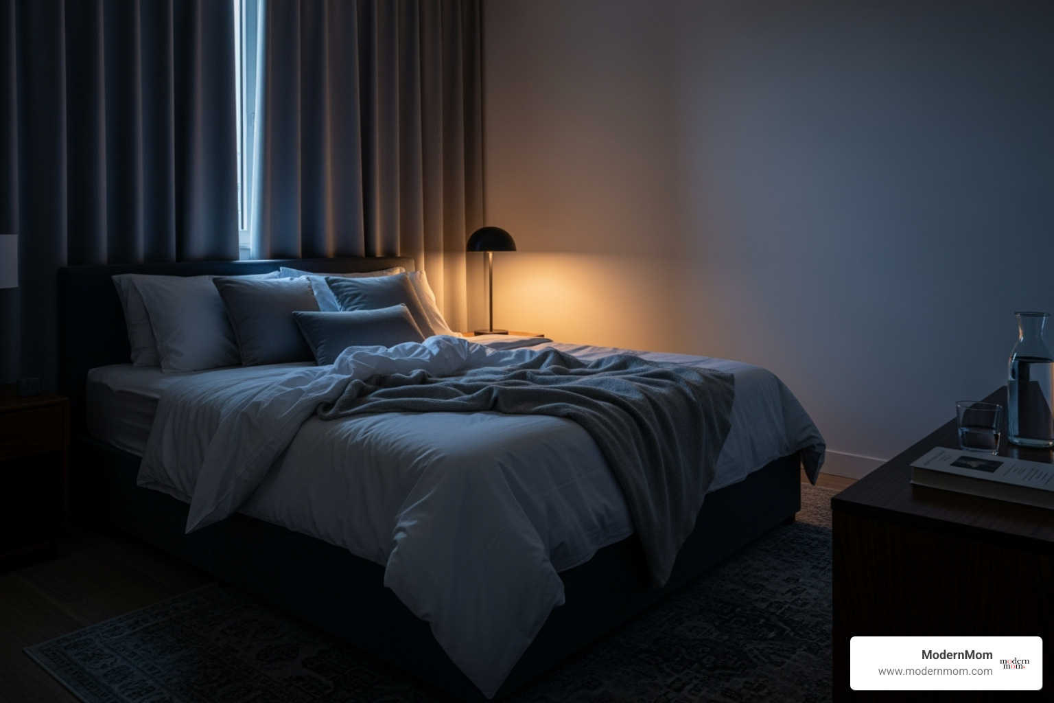 A serene bedroom scene with soft lighting, a made bed, and a dark, quiet atmosphere, emphasizing good sleep hygiene - stress relief activities