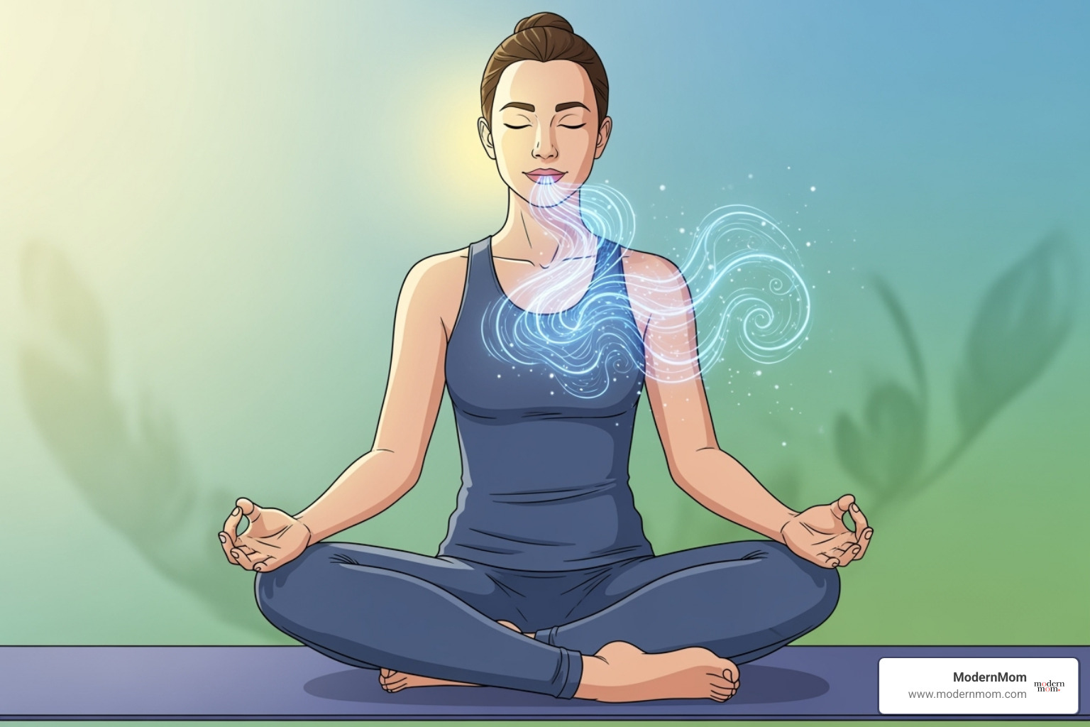 Illustration of a person practicing box breathing, with steps indicating inhale, hold, exhale, hold for four counts each - stress relief activities