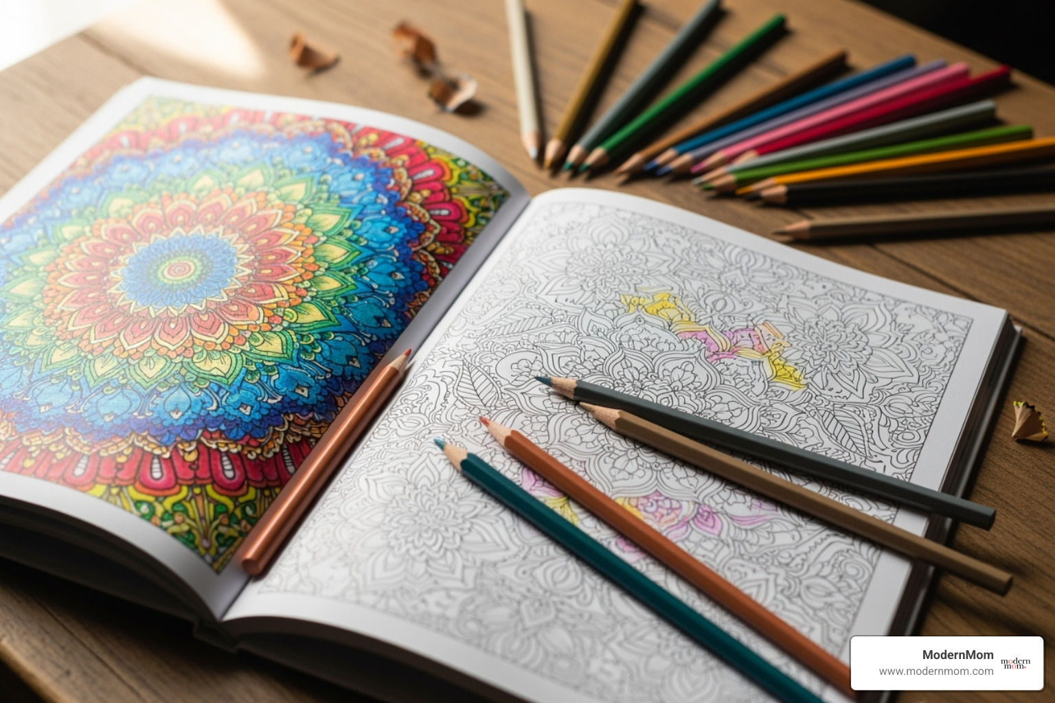 Adult coloring book with intricate patterns and a set of colored pencils - stress relief activities