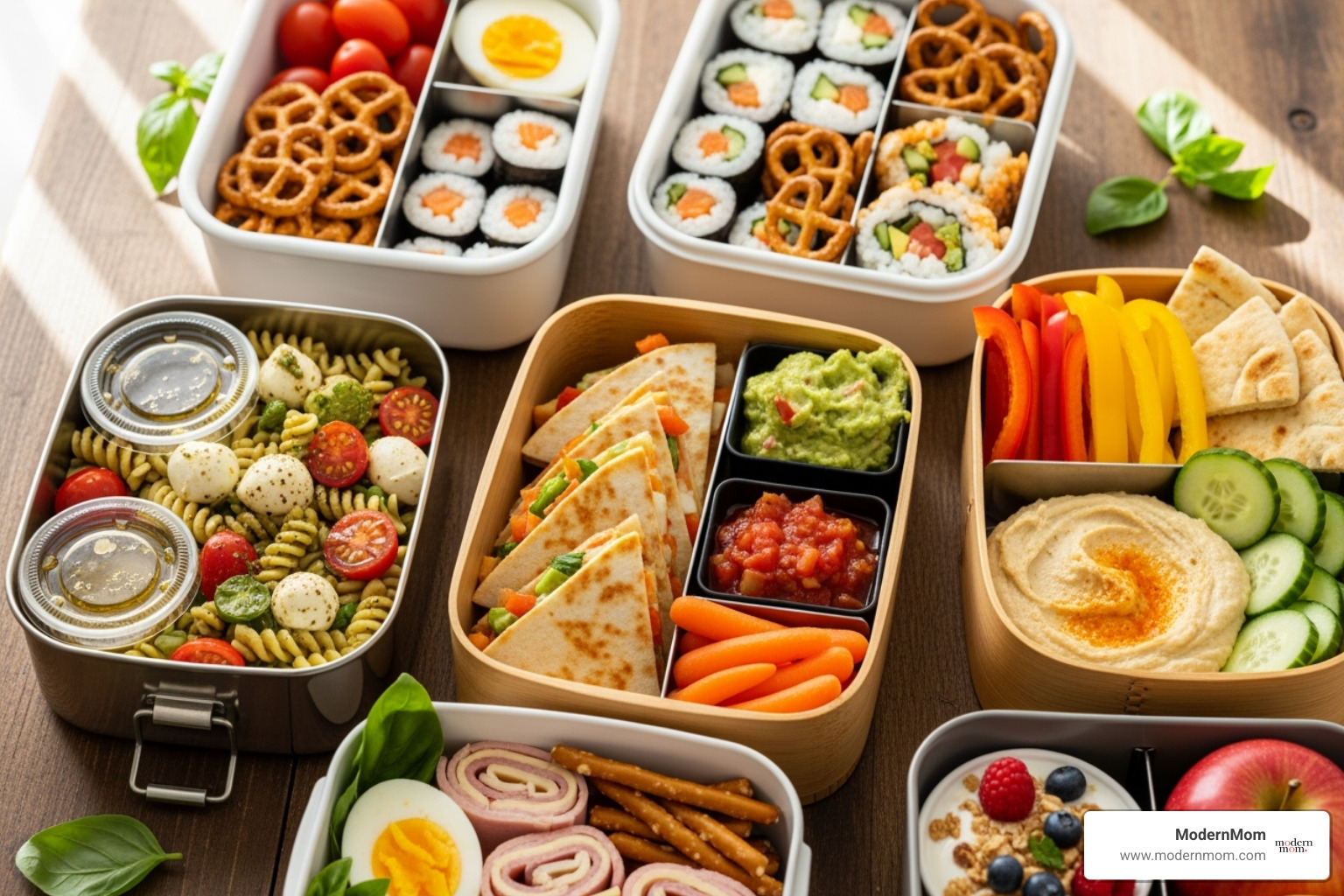 several different packed lunches, showcasing ideas like pasta salad, quesadillas, and roll-ups - Sandwich free lunches