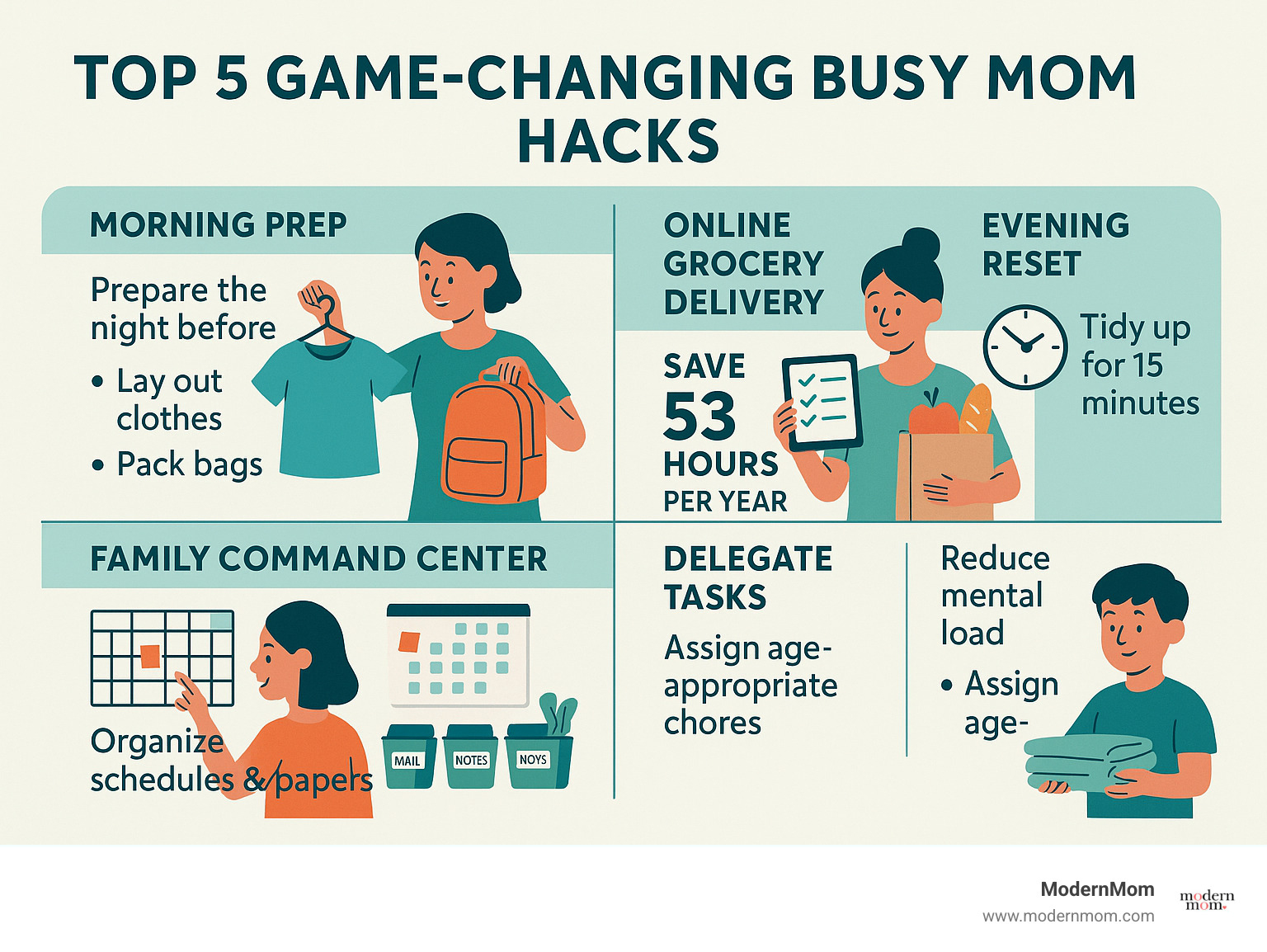 Top 5 game-changing busy mom hacks including morning prep strategies, grocery delivery benefits showing 53 hours saved annually, evening reset routines, family command center organization systems, and age-appropriate delegation techniques for reducing parental mental load - busy mom hacks infographic 