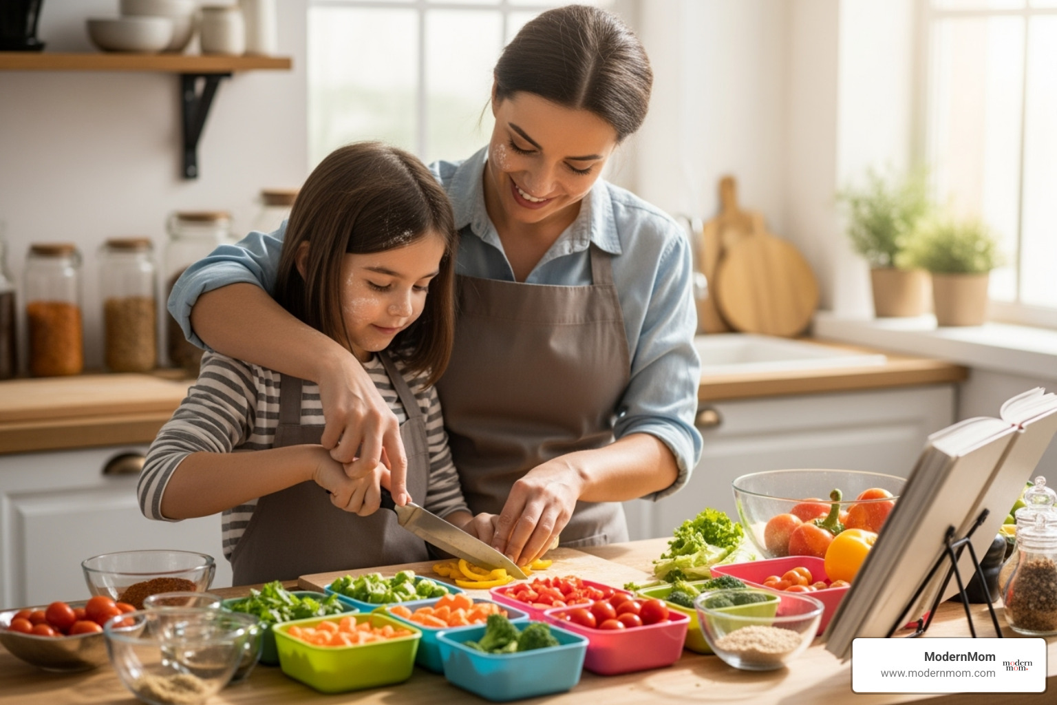 A parent and child happily chopping vegetables together on a Sunday afternoon, surrounded by prepped food containers - Stress free lunches
