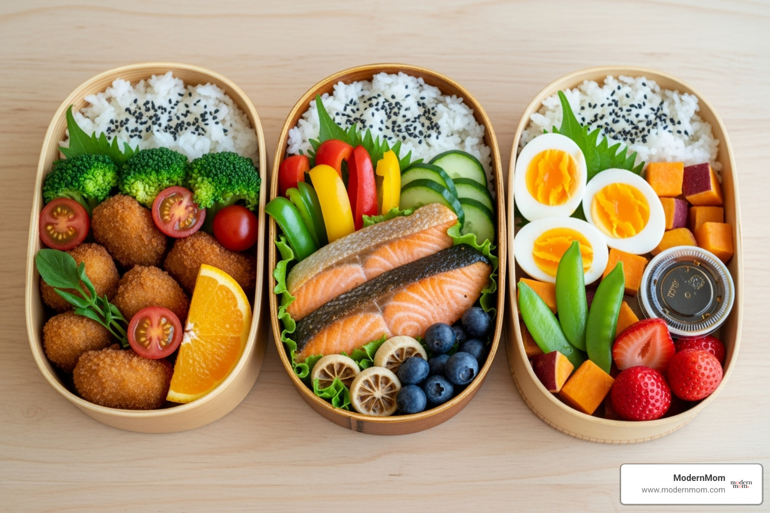 Three vibrant and simple bento box lunch ideas, featuring a mix of proteins, fruits, and vegetables - Stress free lunches