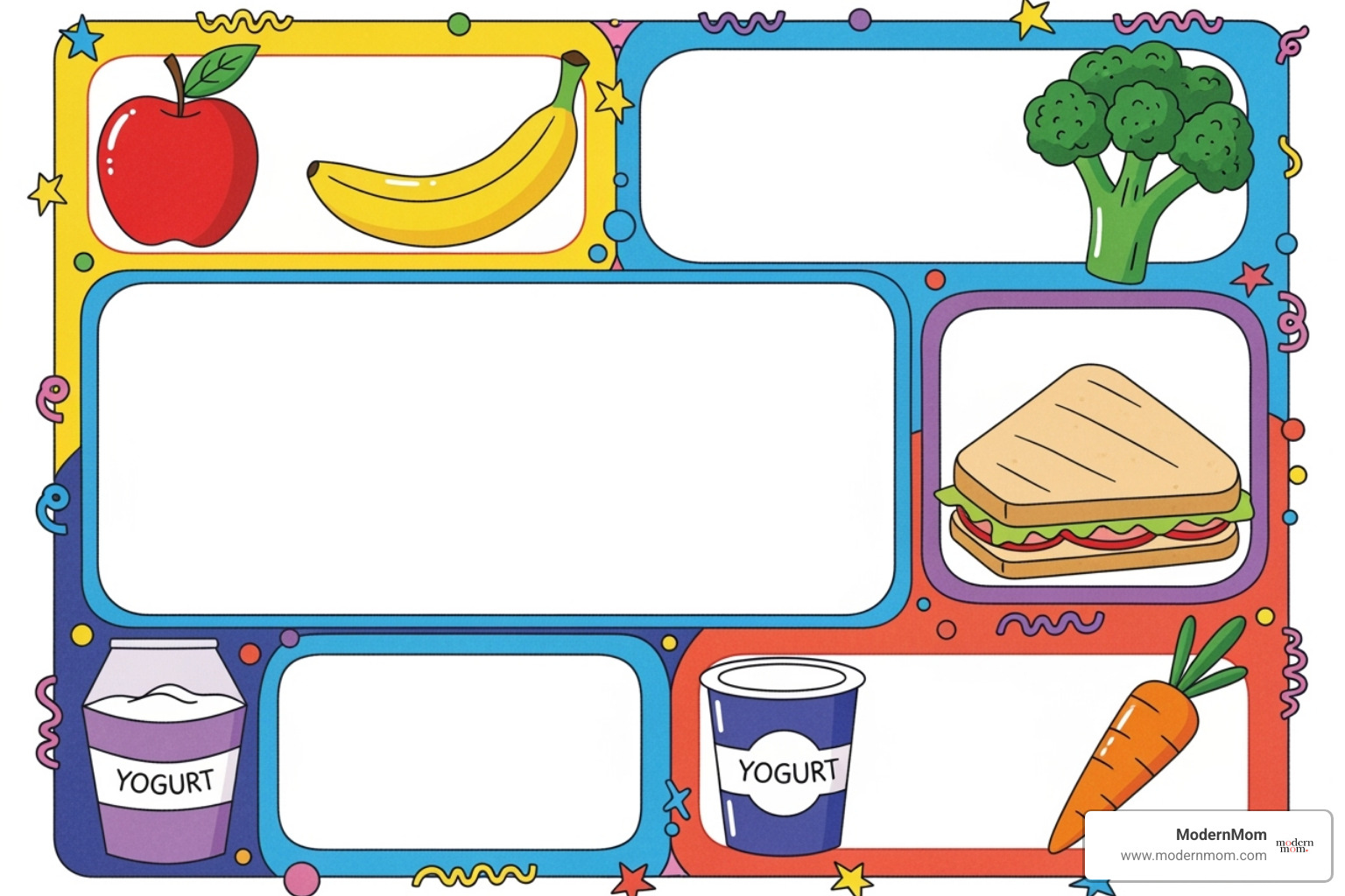 A fun, colorful printable lunch-planning chart for kids to fill out with their favorite lunch components - Stress free lunches
