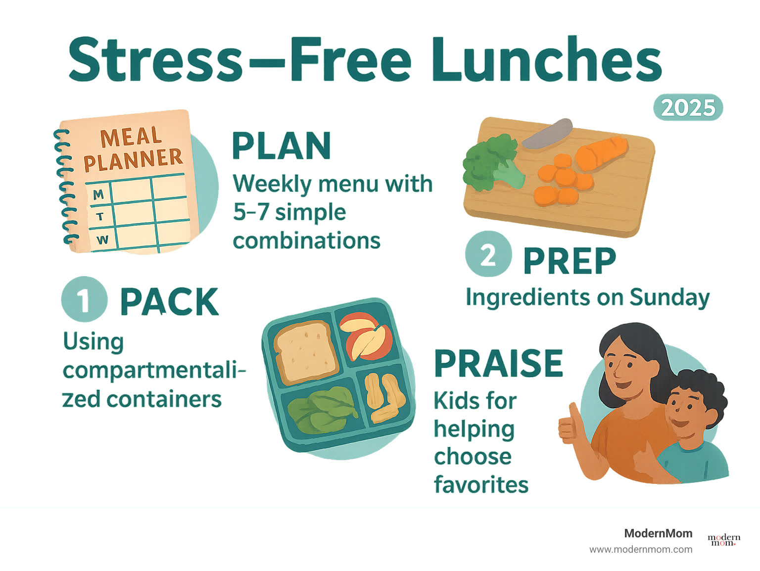 Infographic showing the 4-step stress-free lunch packing process: Plan your weekly menu with 5-7 simple combinations, Prep ingredients on Sunday by washing and chopping produce, Pack using compartmentalized containers to keep foods fresh, and Praise kids for helping choose their favorites - Stress free lunches infographic 