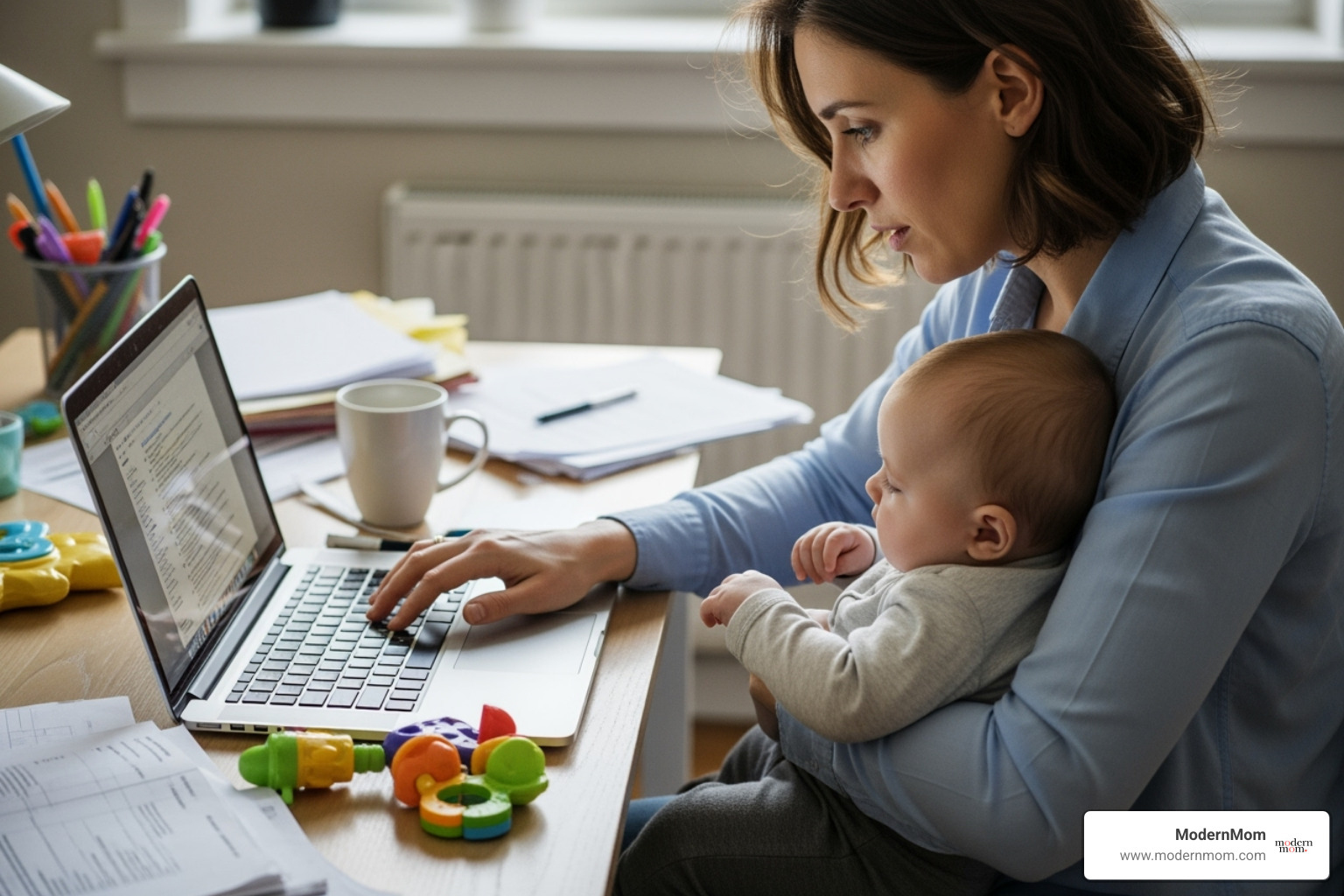 mother juggling laptop and baby - coping with mom guilt