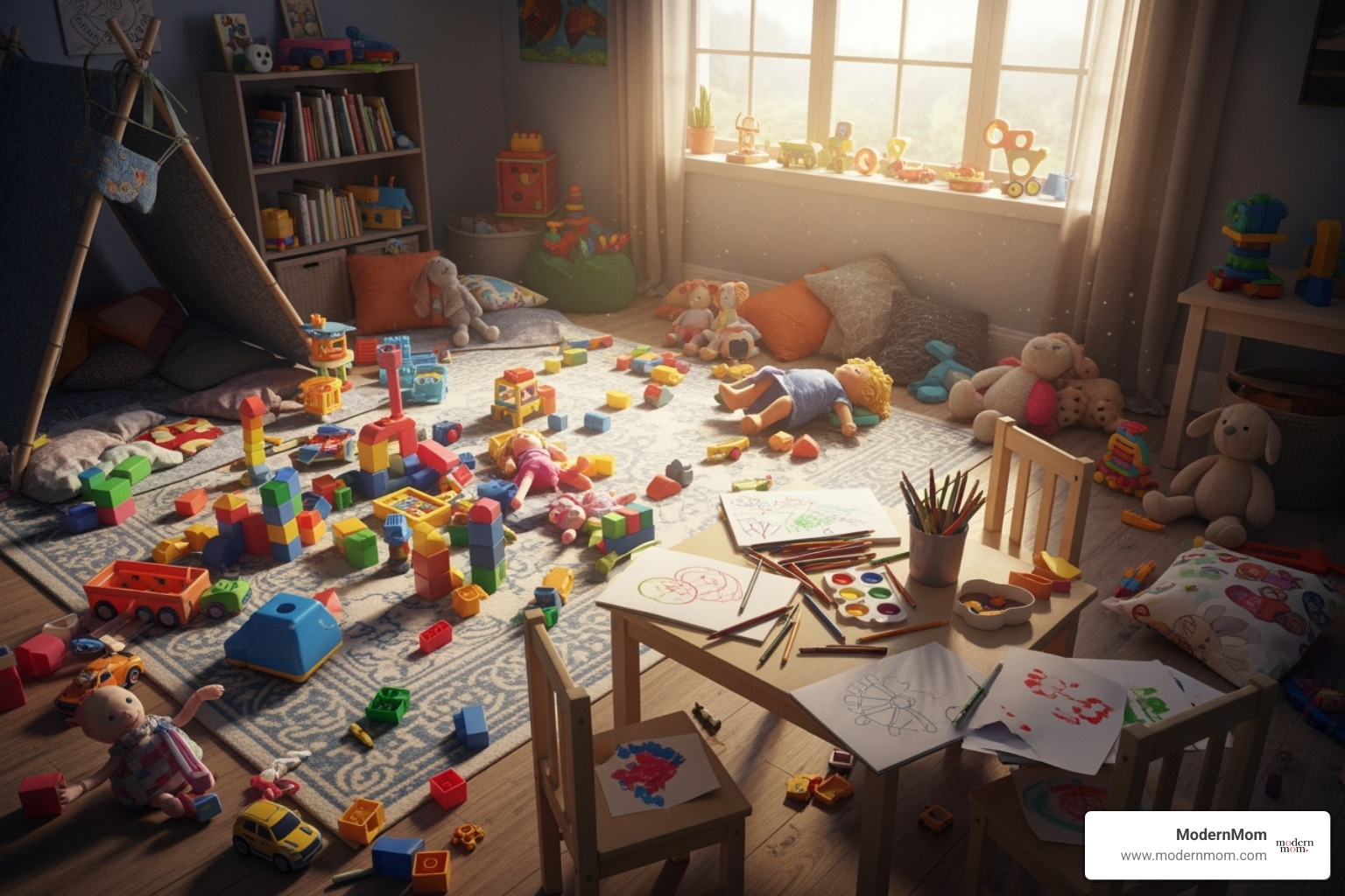 messy but happy playroom - coping with mom guilt