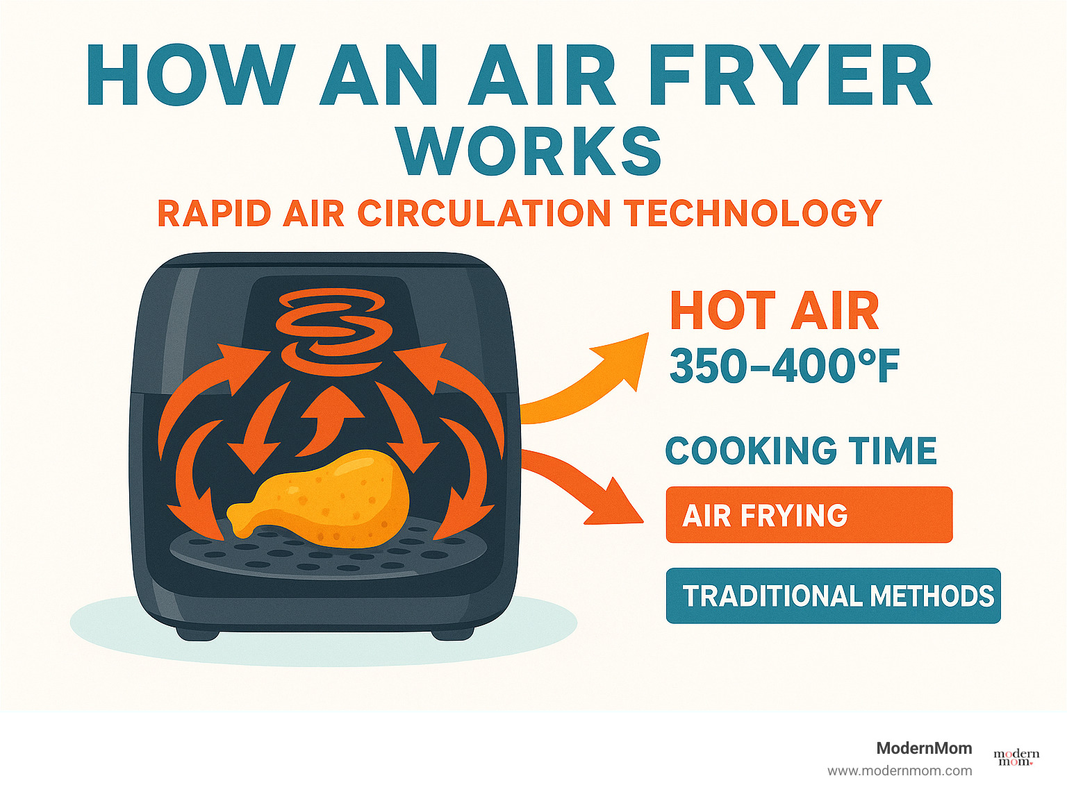 Detailed infographic showing rapid air circulation technology in air fryers, with arrows demonstrating hot air flow around food, temperature ranges (350-400°F), and comparison of cooking times between air frying vs traditional methods - airfyer infographic 