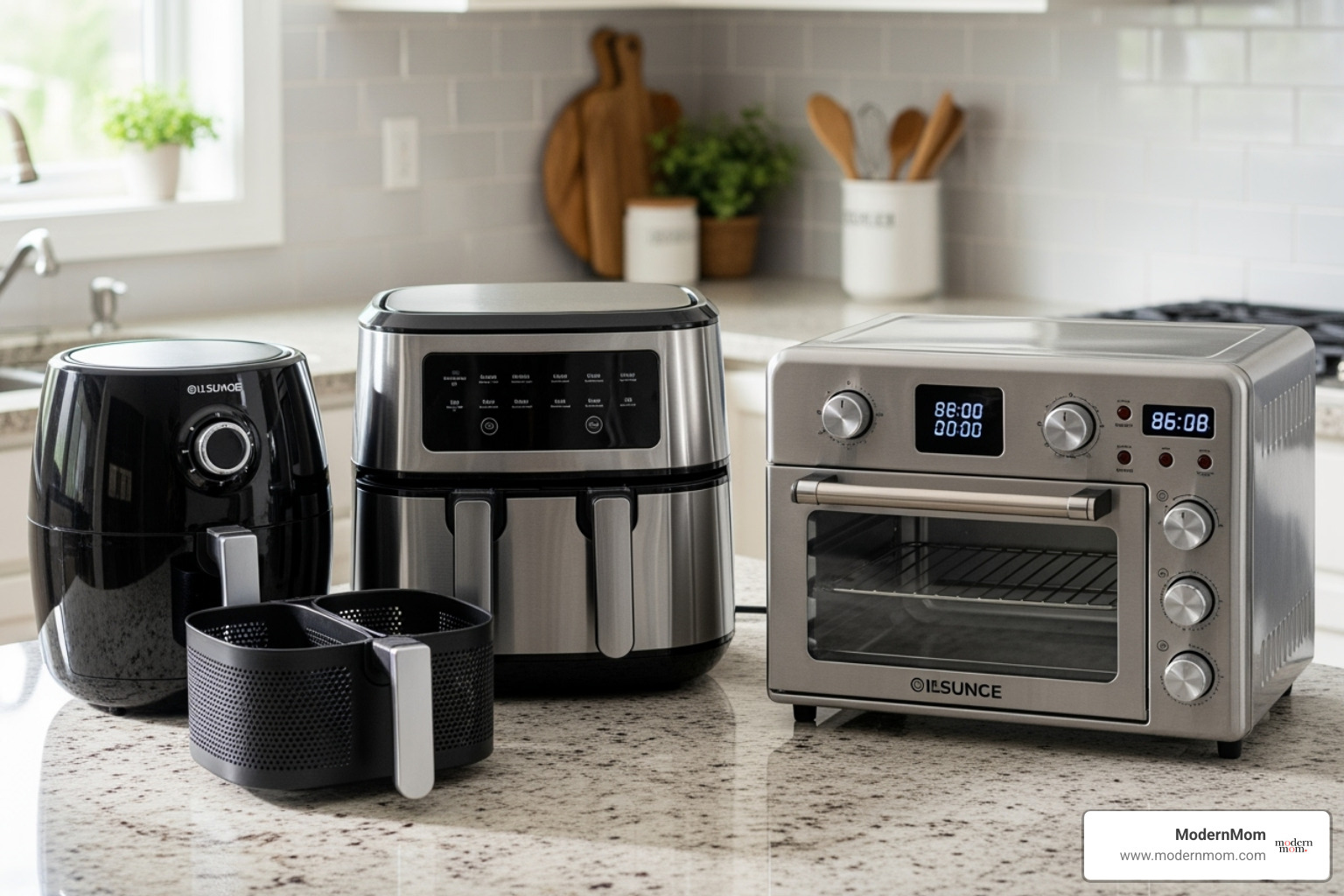 Image of different air fryer styles including basket, dual-basket, and toaster oven designs in various sizes - airfry