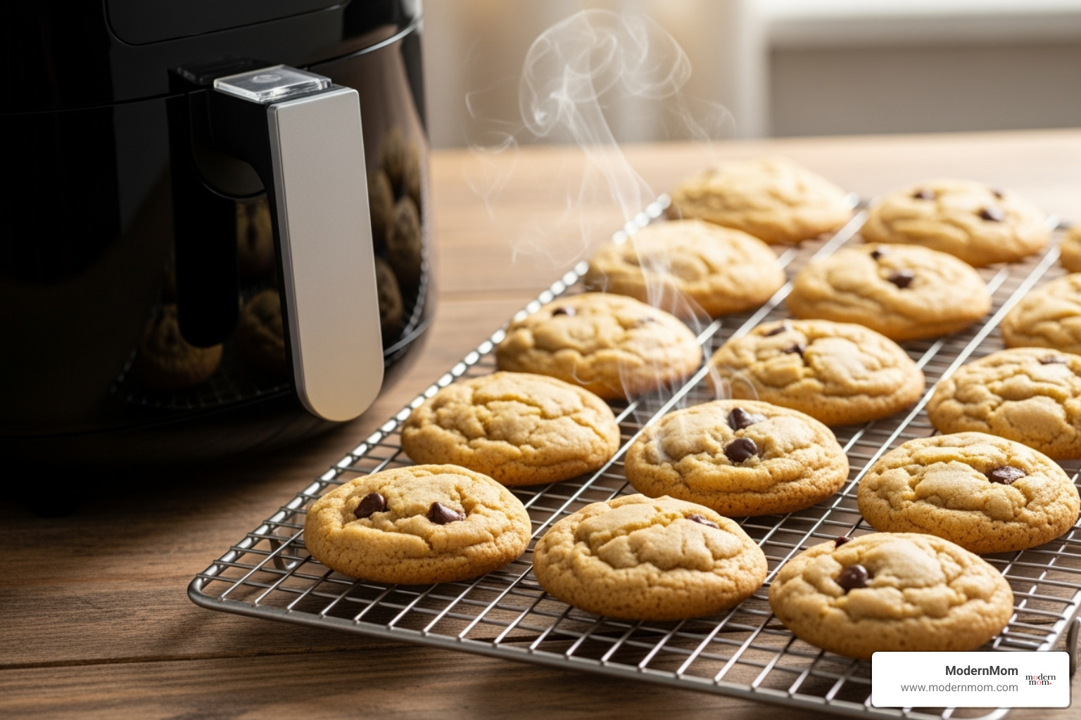 Perfectly air-fried cookies on a cooling rack next to an air fryer - airfry
