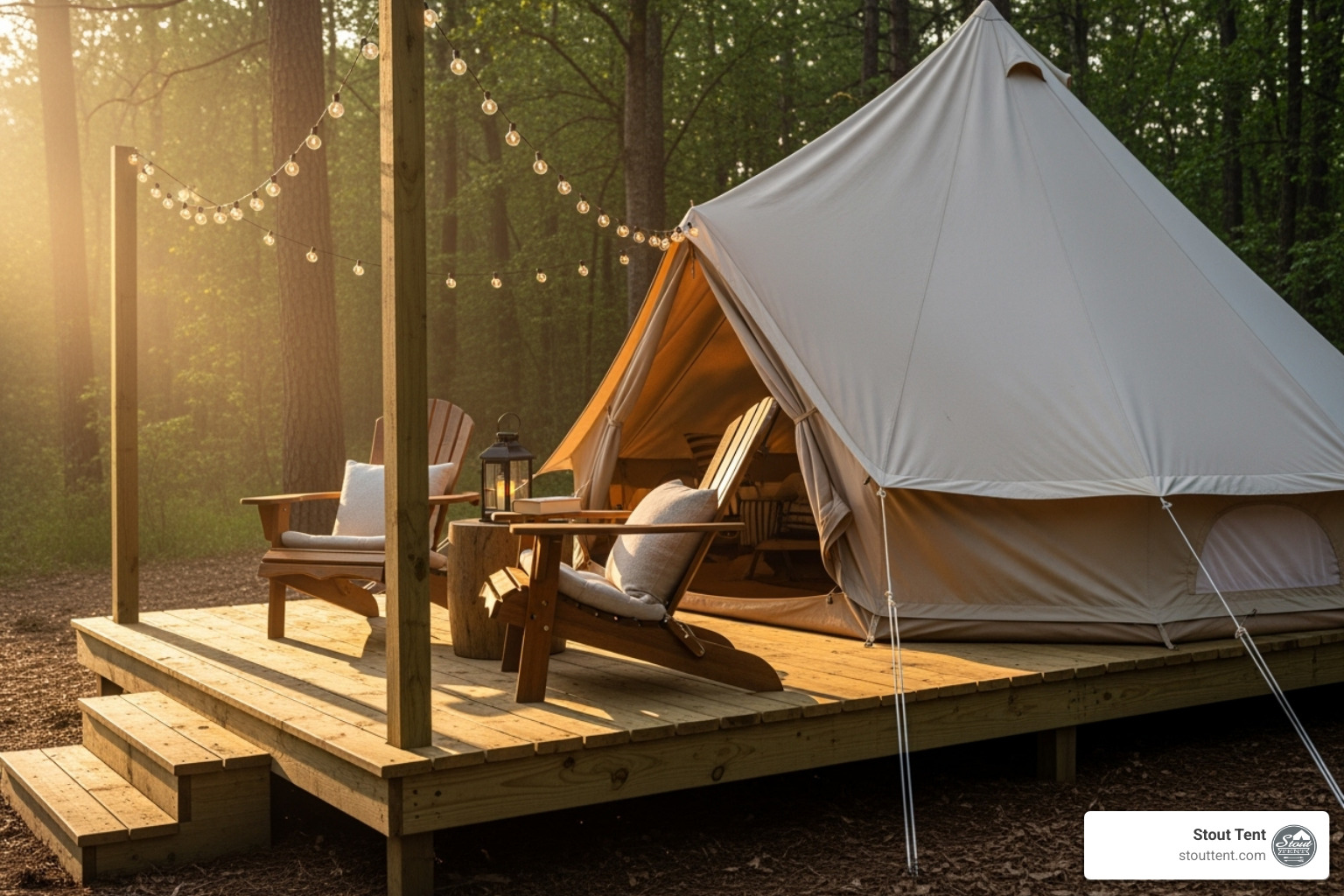 Customized tent platform with porch, chairs, and string lights - diy tent platform