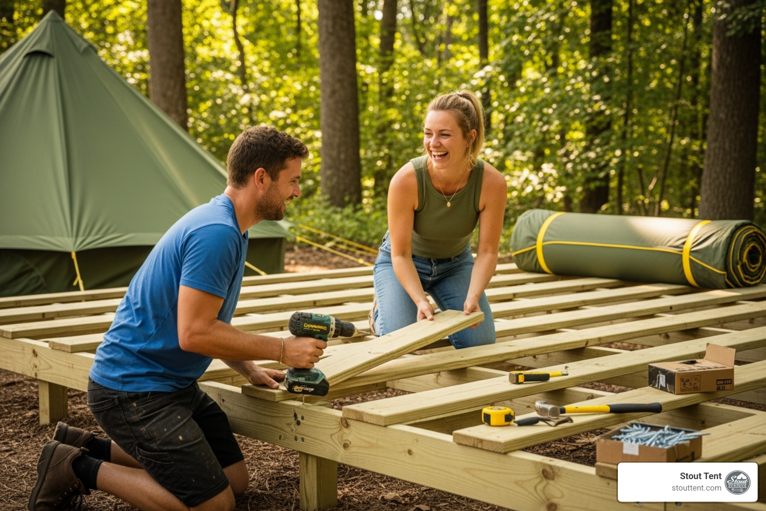 Decking being installed on the platform frame - diy tent platform