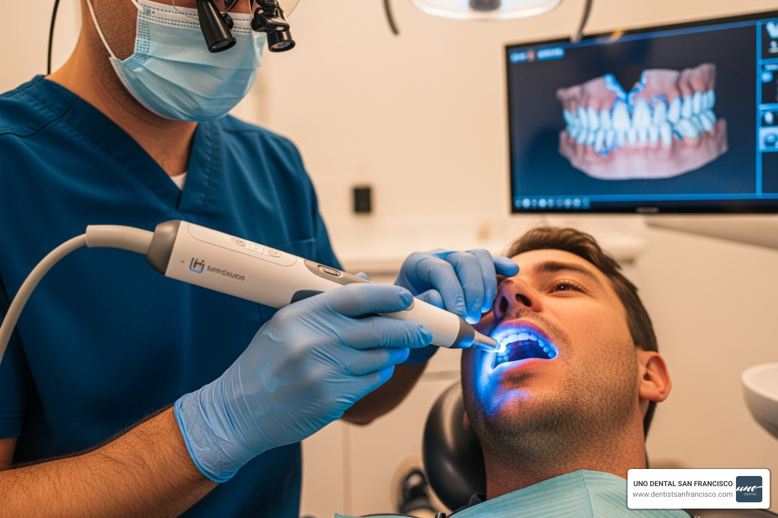 Dentist using intraoral scanner - Same day dental bridge