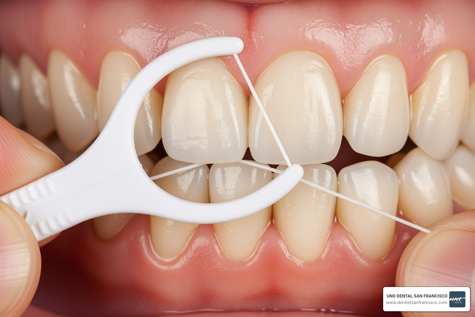 Proper flossing technique around a dental bridge using a floss threader - Same day dental bridge