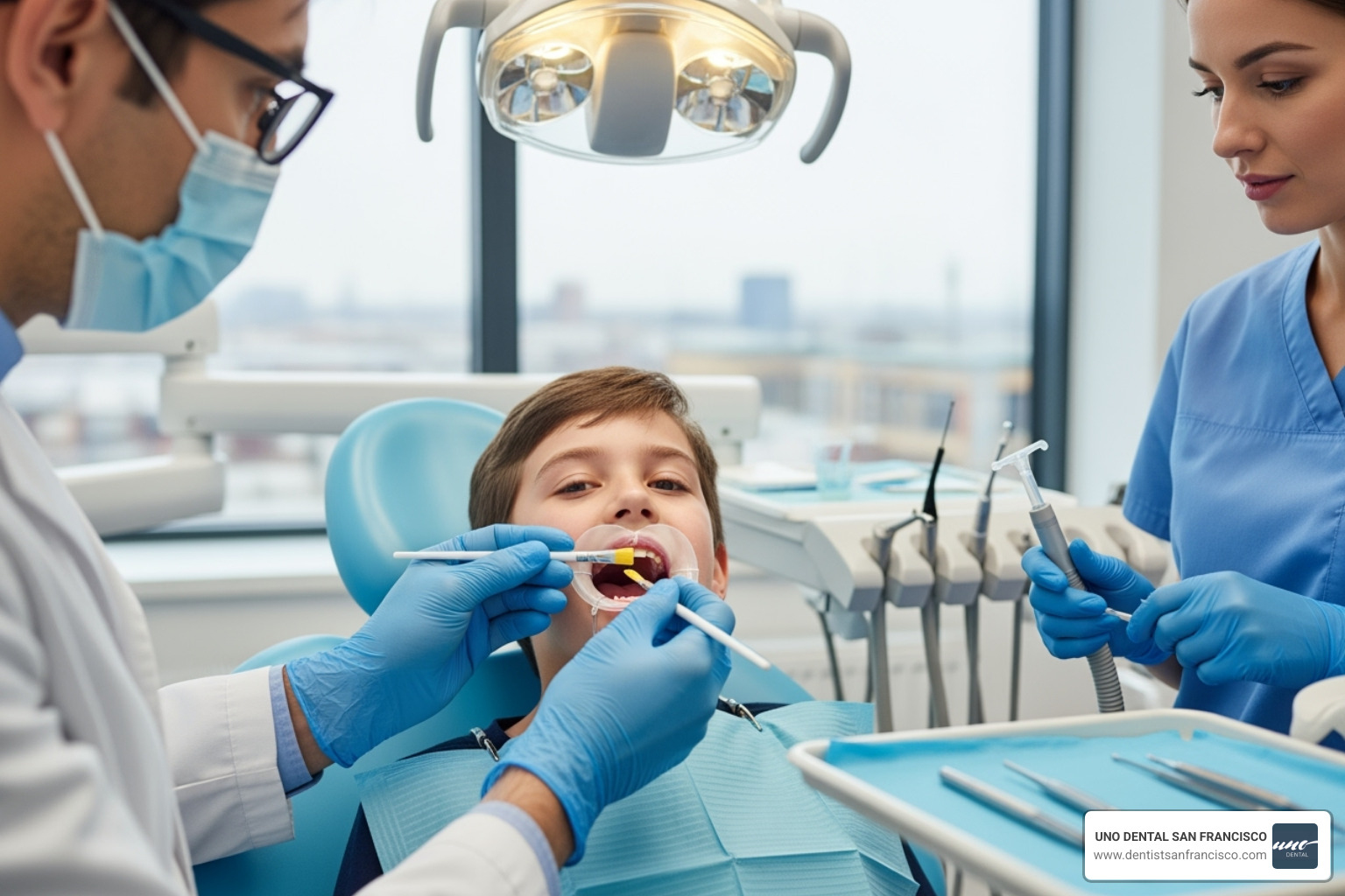 dentist applying fluoride varnish - fluoride treatment san francisco