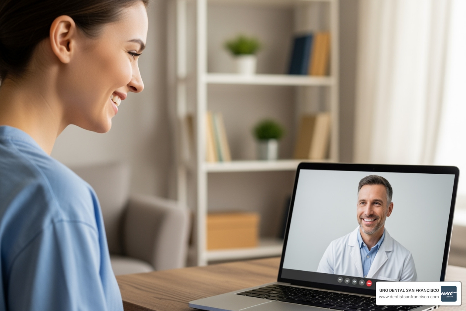 A patient smiling happily during a virtual consultation with a dentist at UNO DENTAL SAN FRANCISCO - affordable porcelain veneers